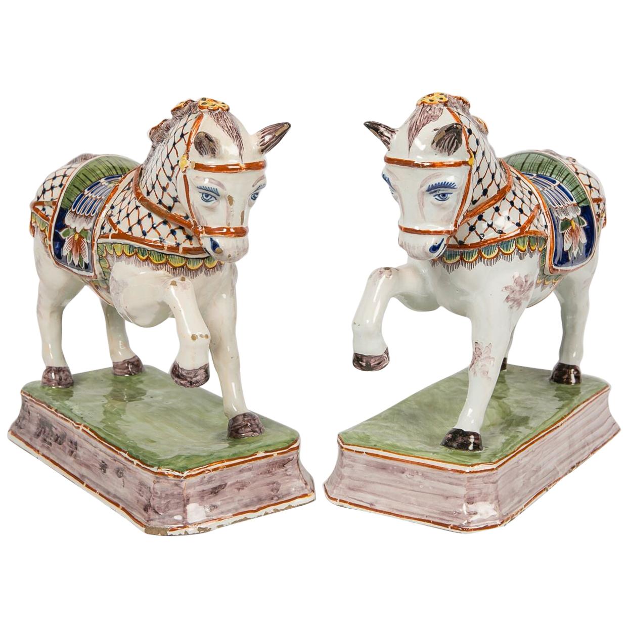 Pair of Dutch Delft Horses Painted in Polychrome Colors Made, Mid-19th Century