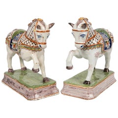 Antique Pair of Dutch Delft Horses Painted in Polychrome Colors Made, Mid-19th Century