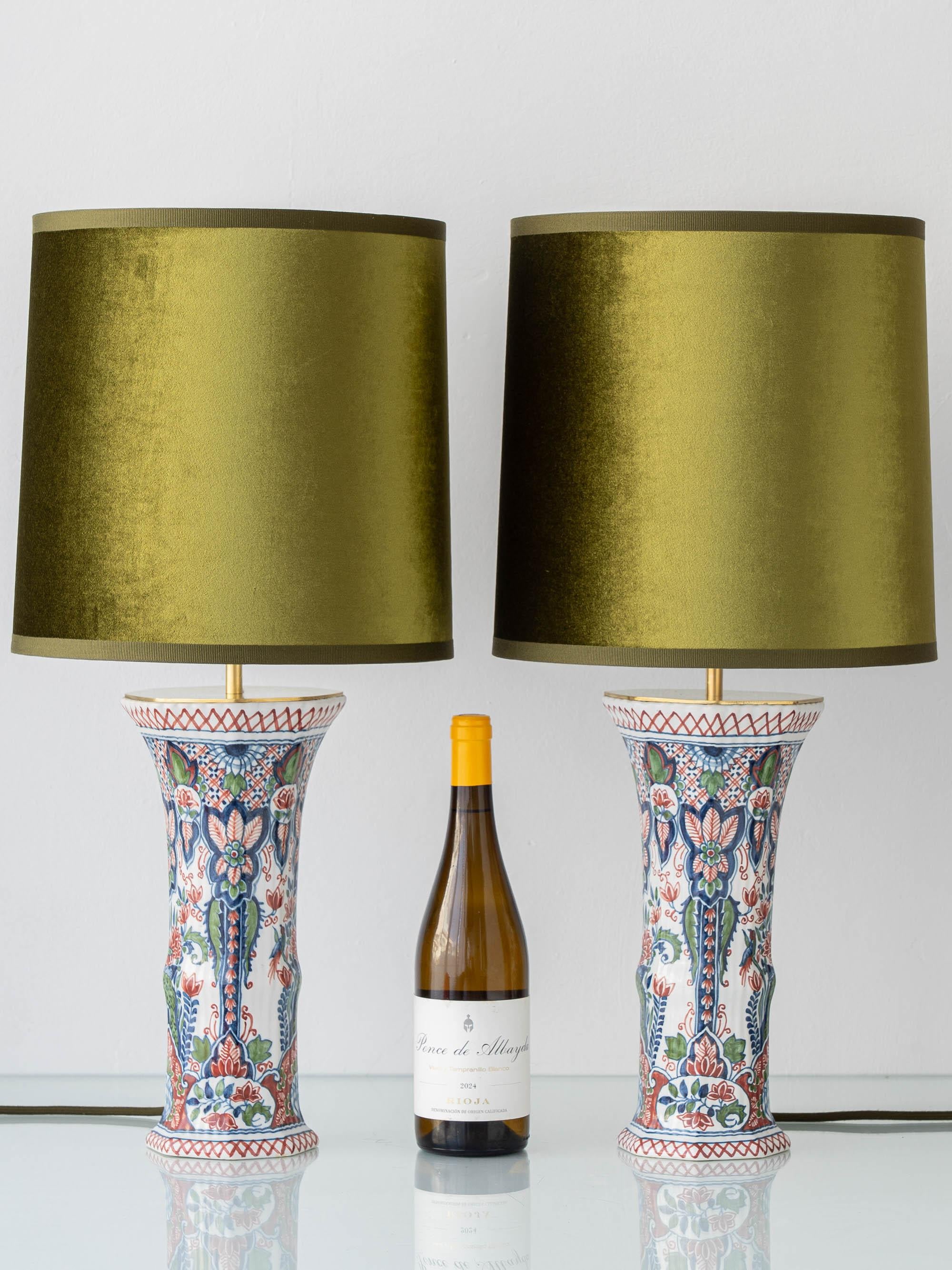 Pair of mid-20th-century Dutch Delft Royal Tichelaar Makkum polychrome ceramic table lamps with new olive green velvet shades—ideal for eclectic, bohemian, or traditional interiors; newly wired with U.S. plugs and ready to use.

Beautifully