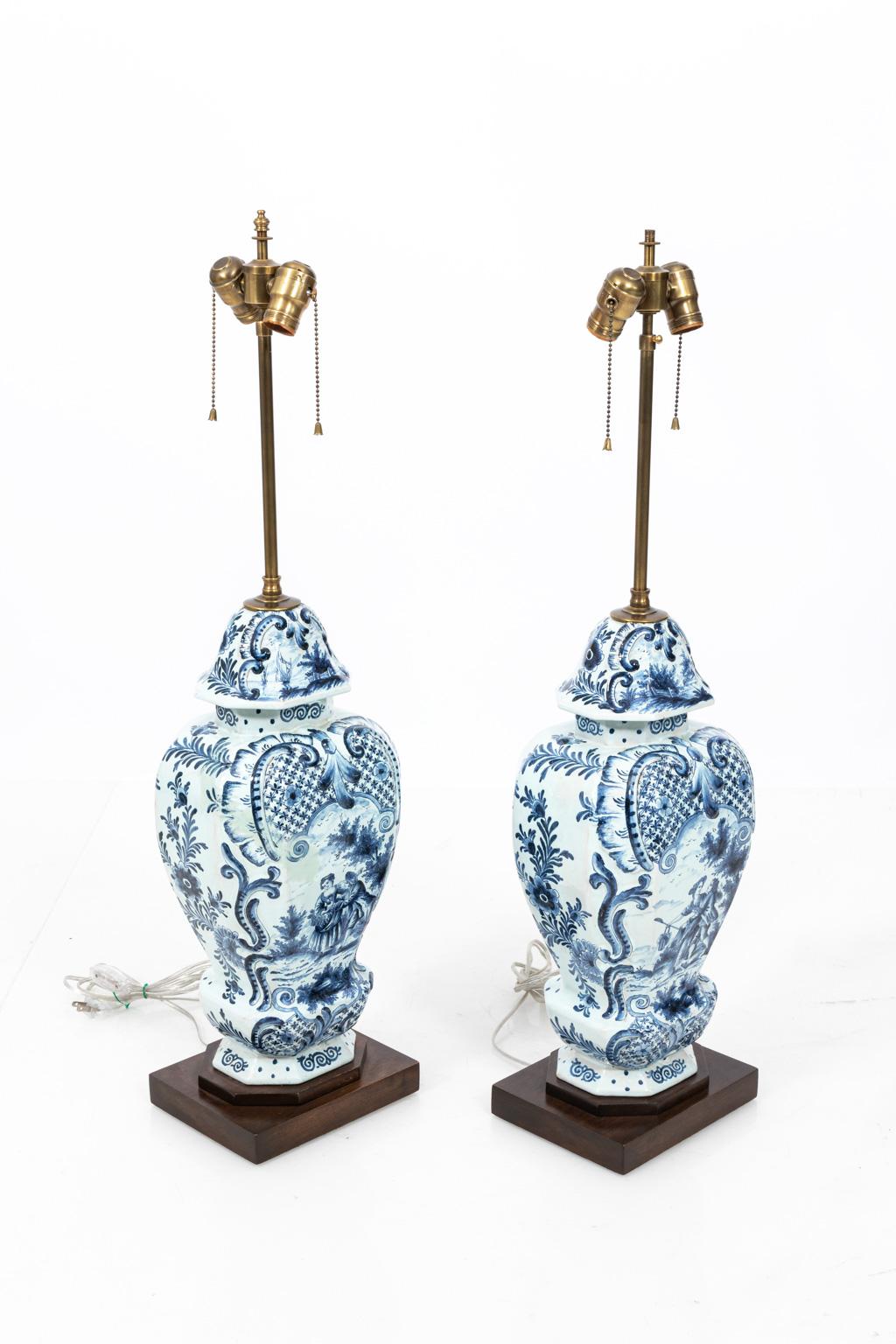 20th Century Pair of Dutch Delft Painted Lamps