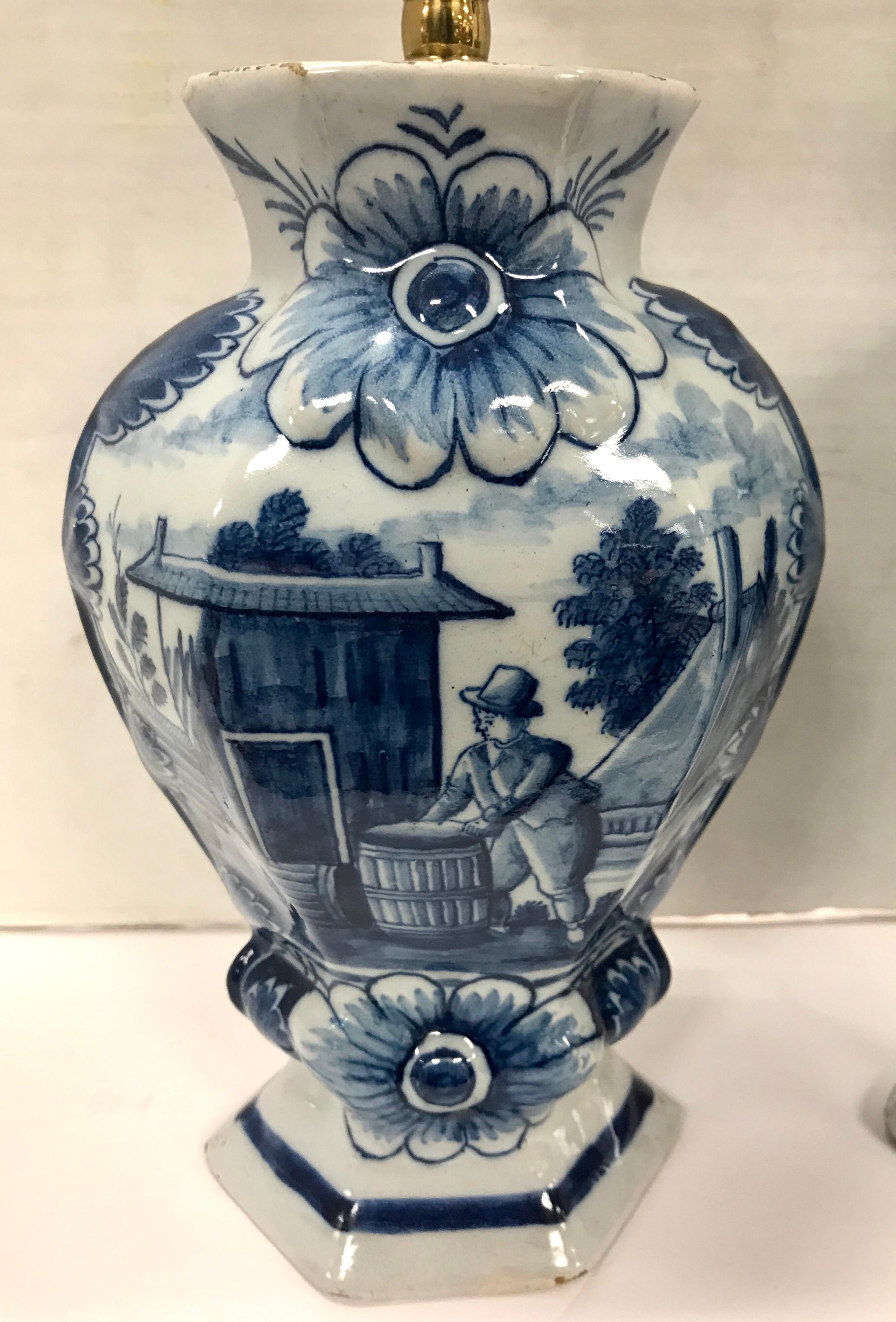 Chinoiserie Pair of Dutch Delft Style Blue and White Vase Table Lamps
