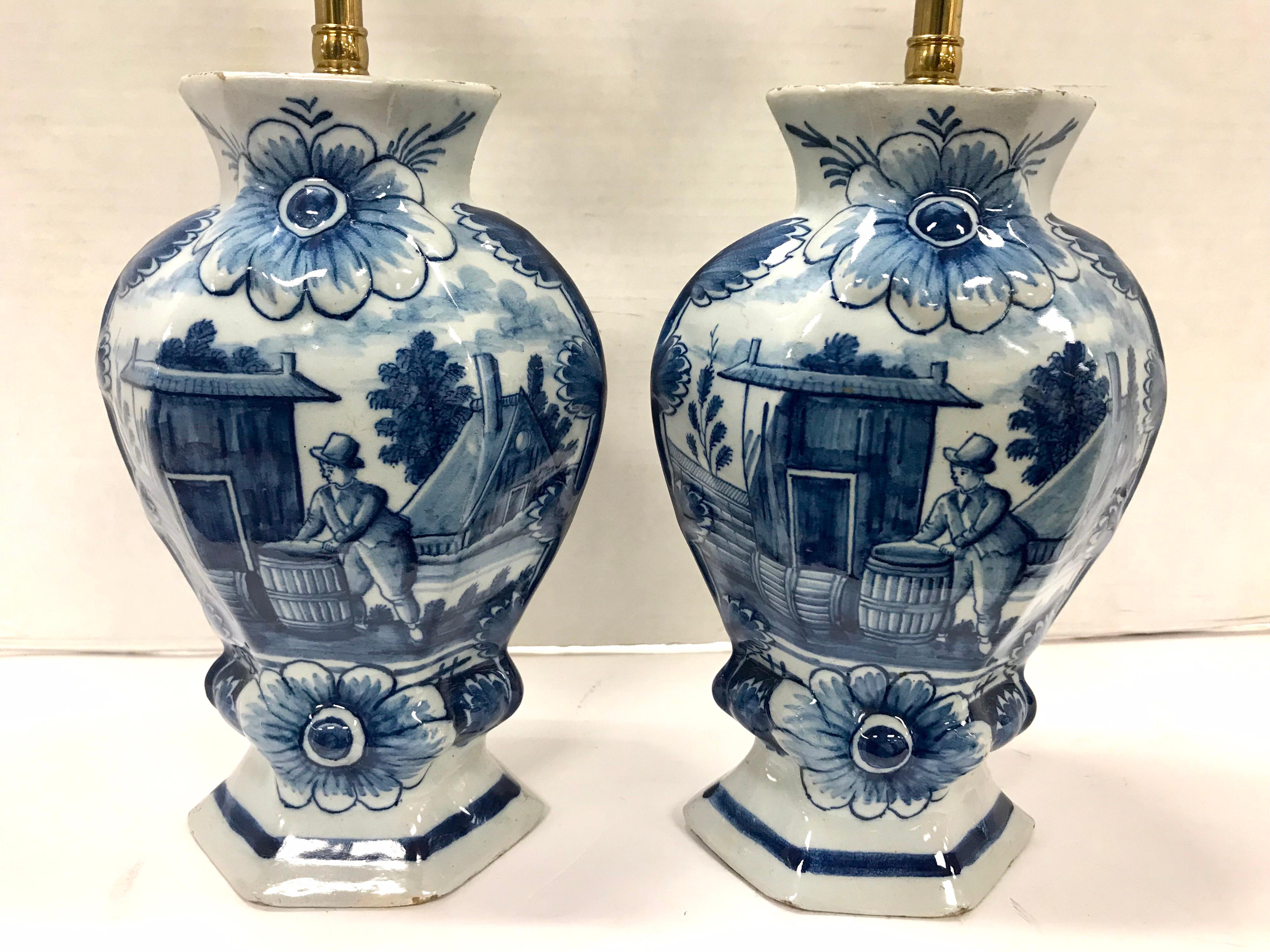 Pair of Dutch Delft Style Blue and White Vase Table Lamps 1