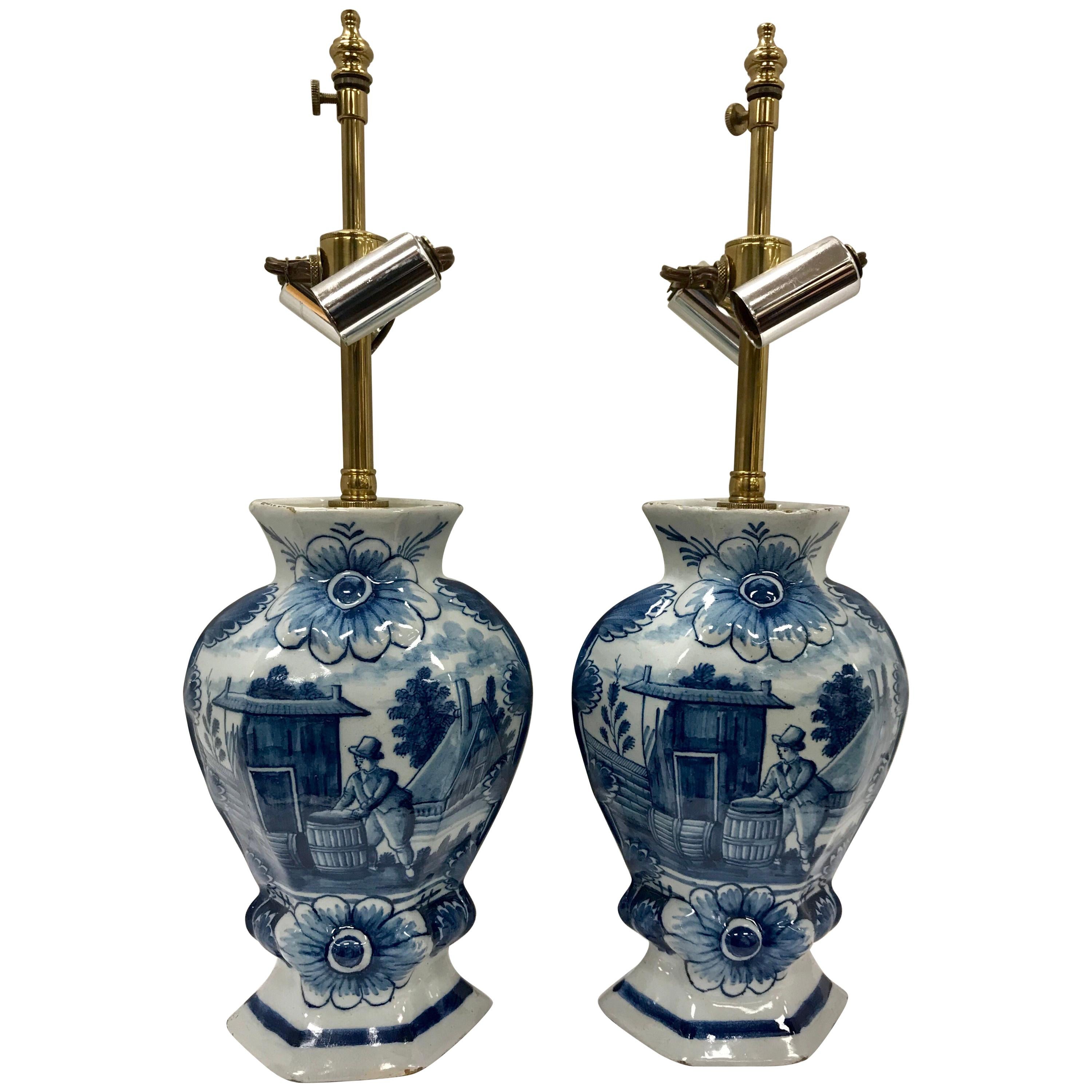 Pair of Dutch Delft Style Blue and White Vase Table Lamps