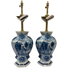 Vintage Pair of Dutch Delft Style Blue and White Vase Table Lamps