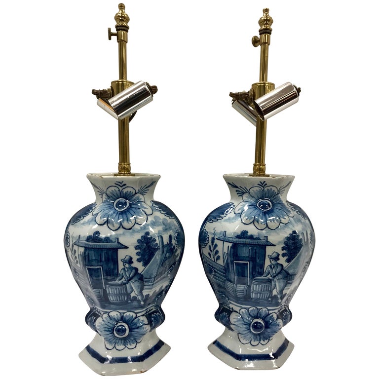 Pair of Dutch Delft Style Blue and White Vase Table Lamps at 1stDibs
