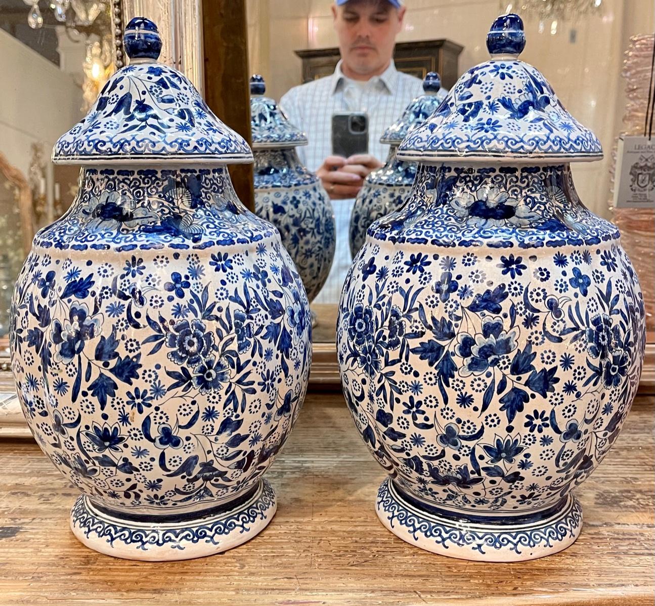 Pair of Dutch blue and white Delft style porcelain covered jars. Circa 1940. A favorite of top designers!