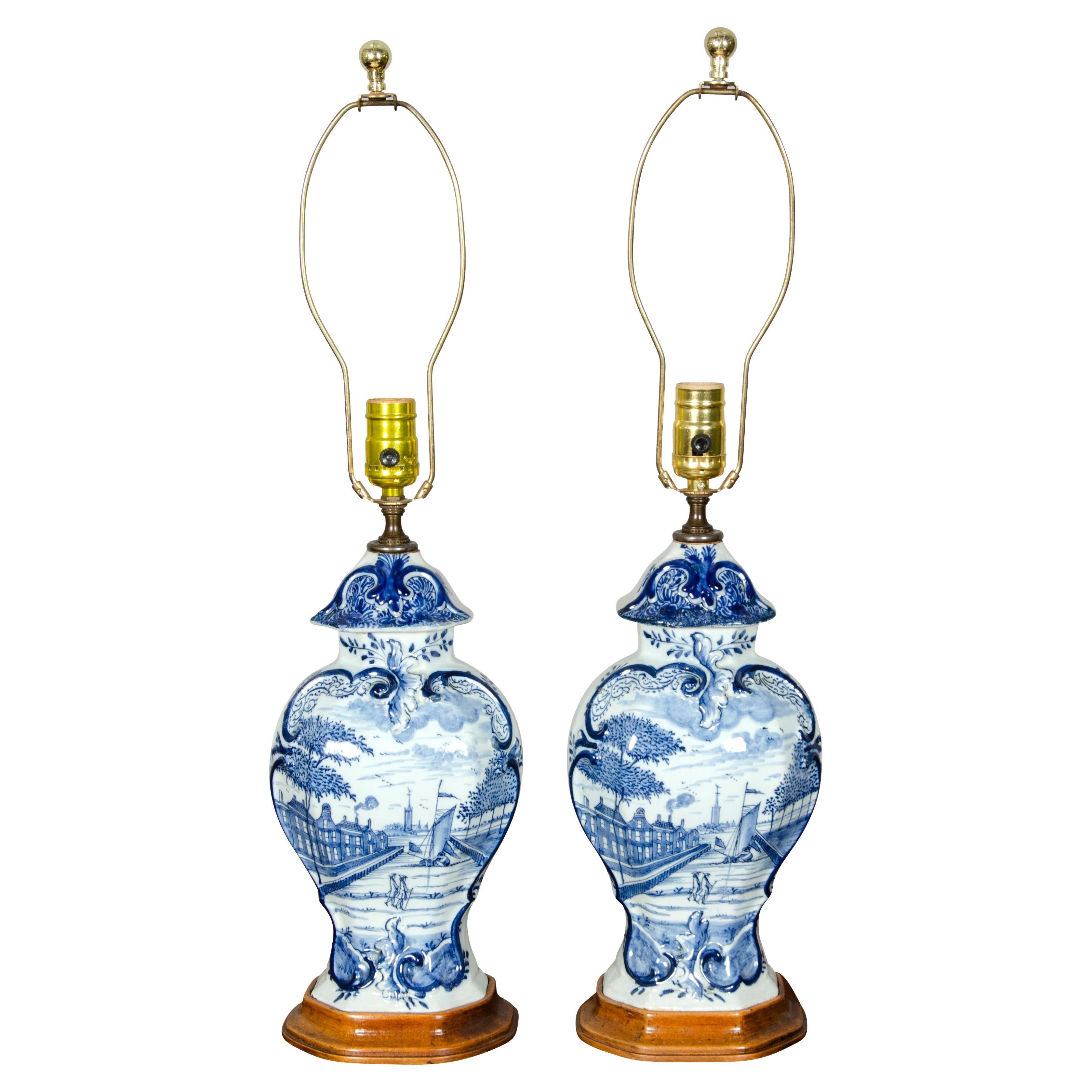 Pair of 19th Century Dutch Delft Blue and White Lamps at 1stDibs