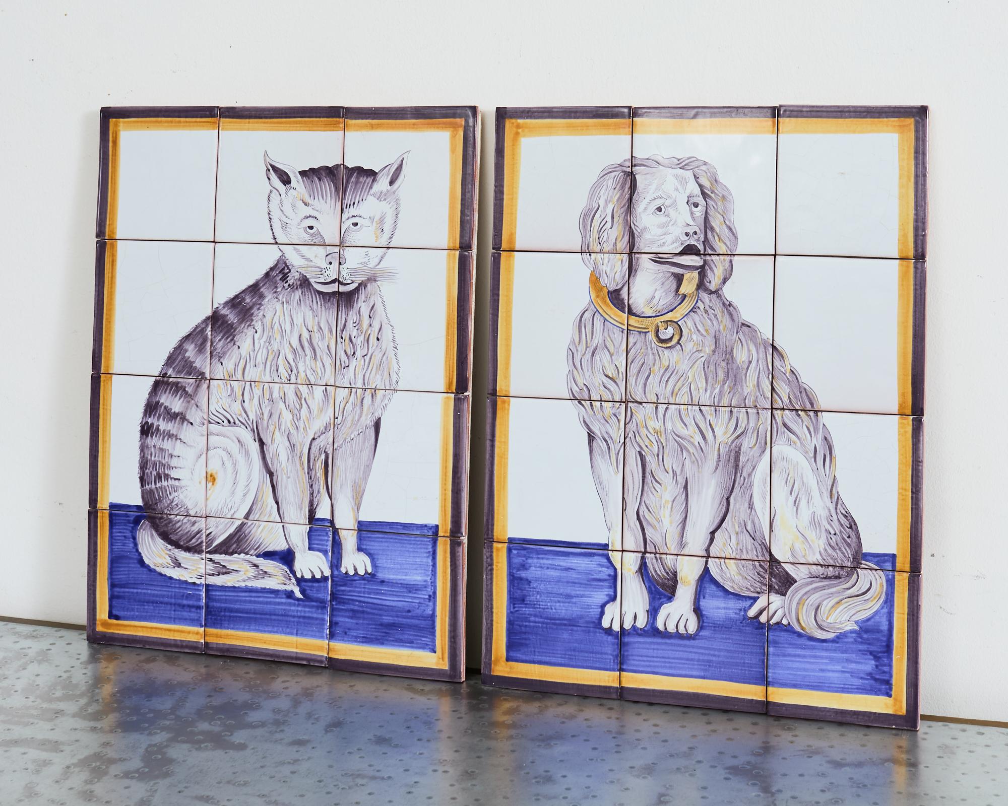 Victorian Pair of Dutch Delft Tile Panels of a Cat and Dog For Sale