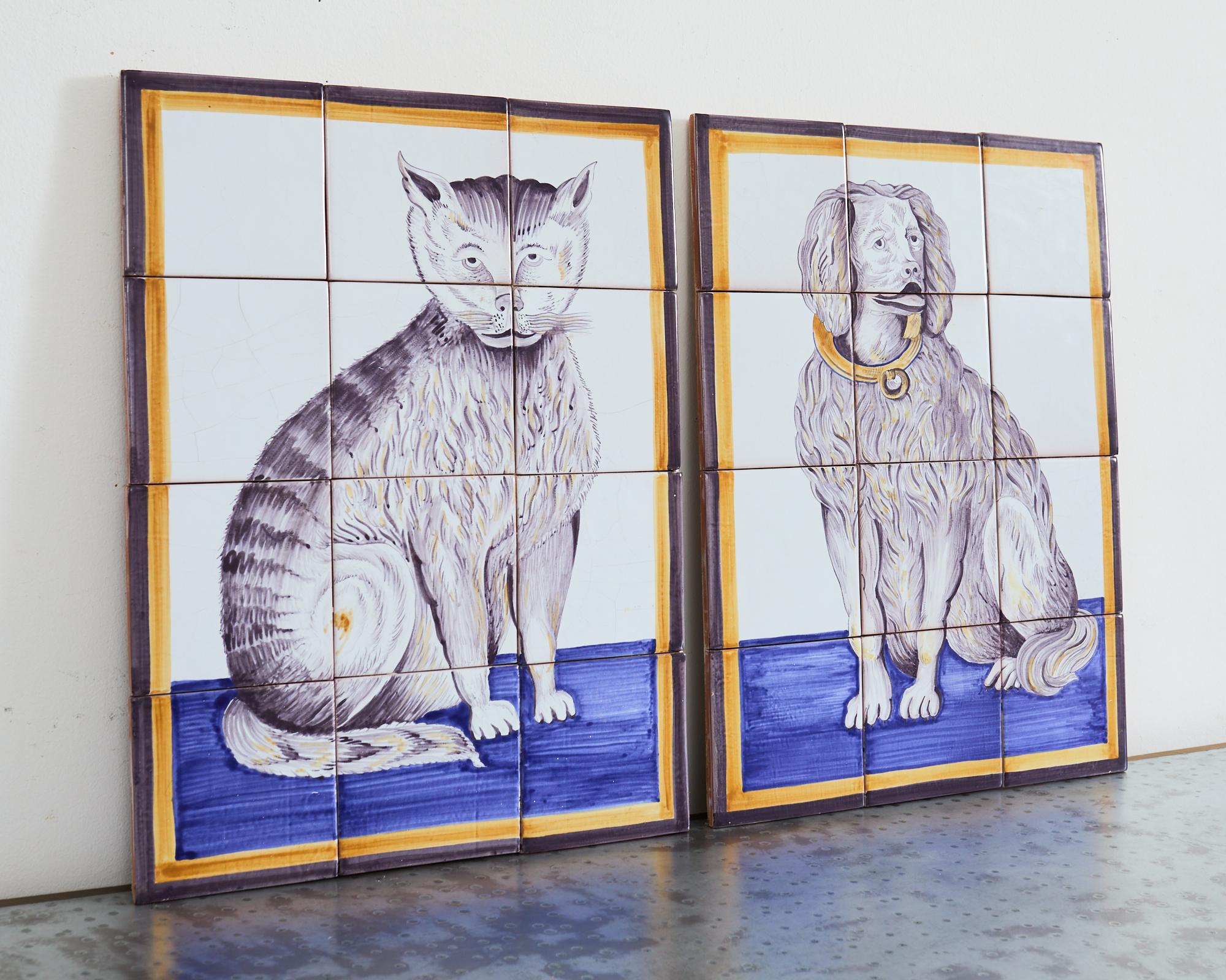 Glazed Pair of Dutch Delft Tile Panels of a Cat and Dog For Sale