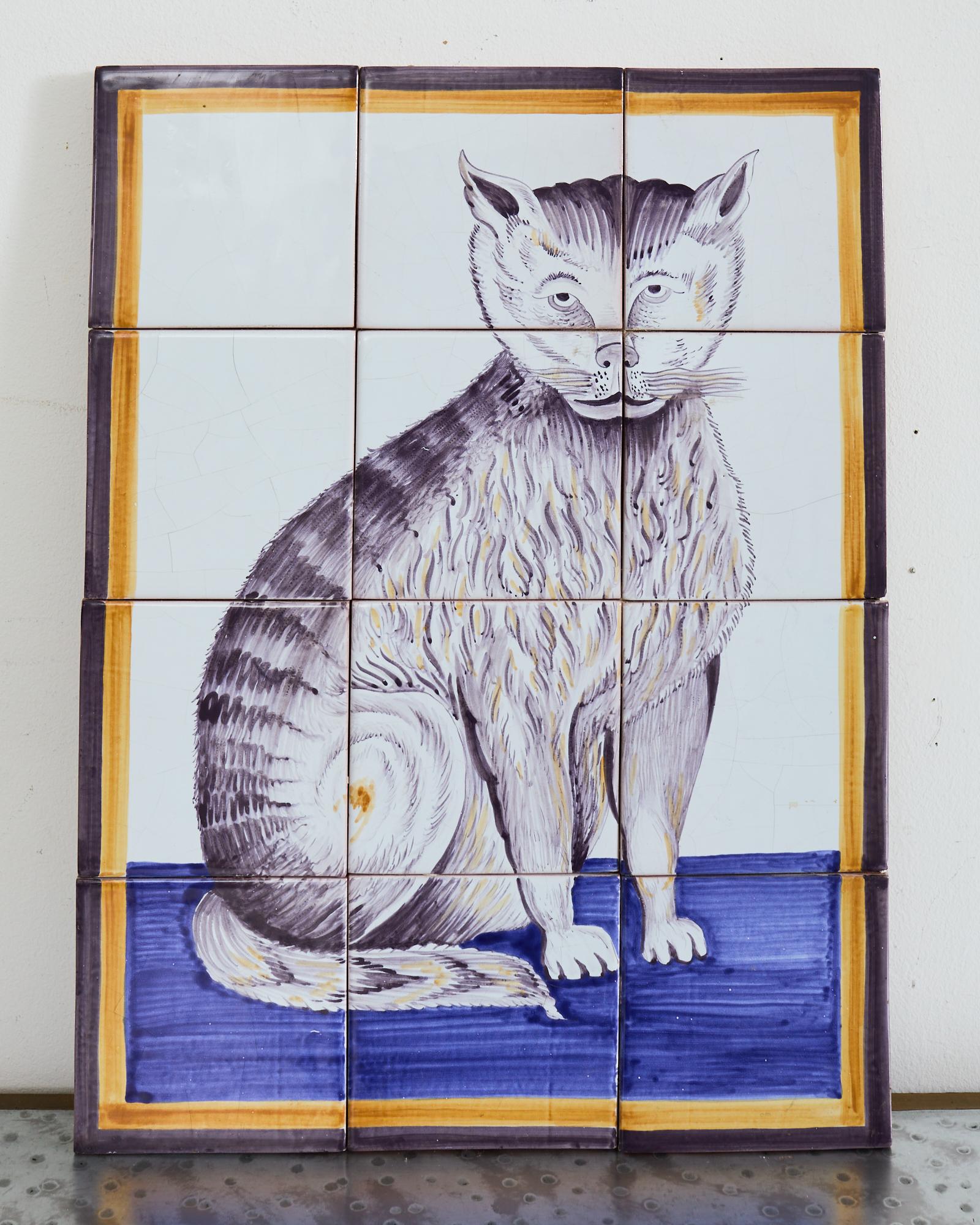 Pair of Dutch Delft Tile Panels of a Cat and Dog In Good Condition For Sale In Rio Vista, CA