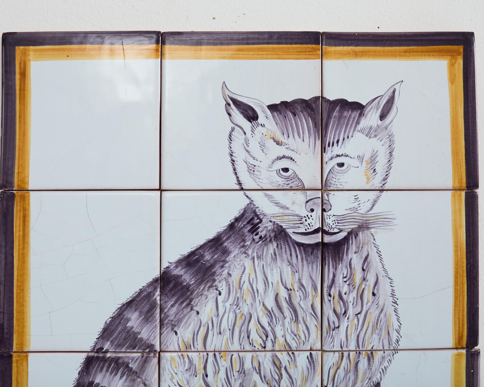 19th Century Pair of Dutch Delft Tile Panels of a Cat and Dog For Sale
