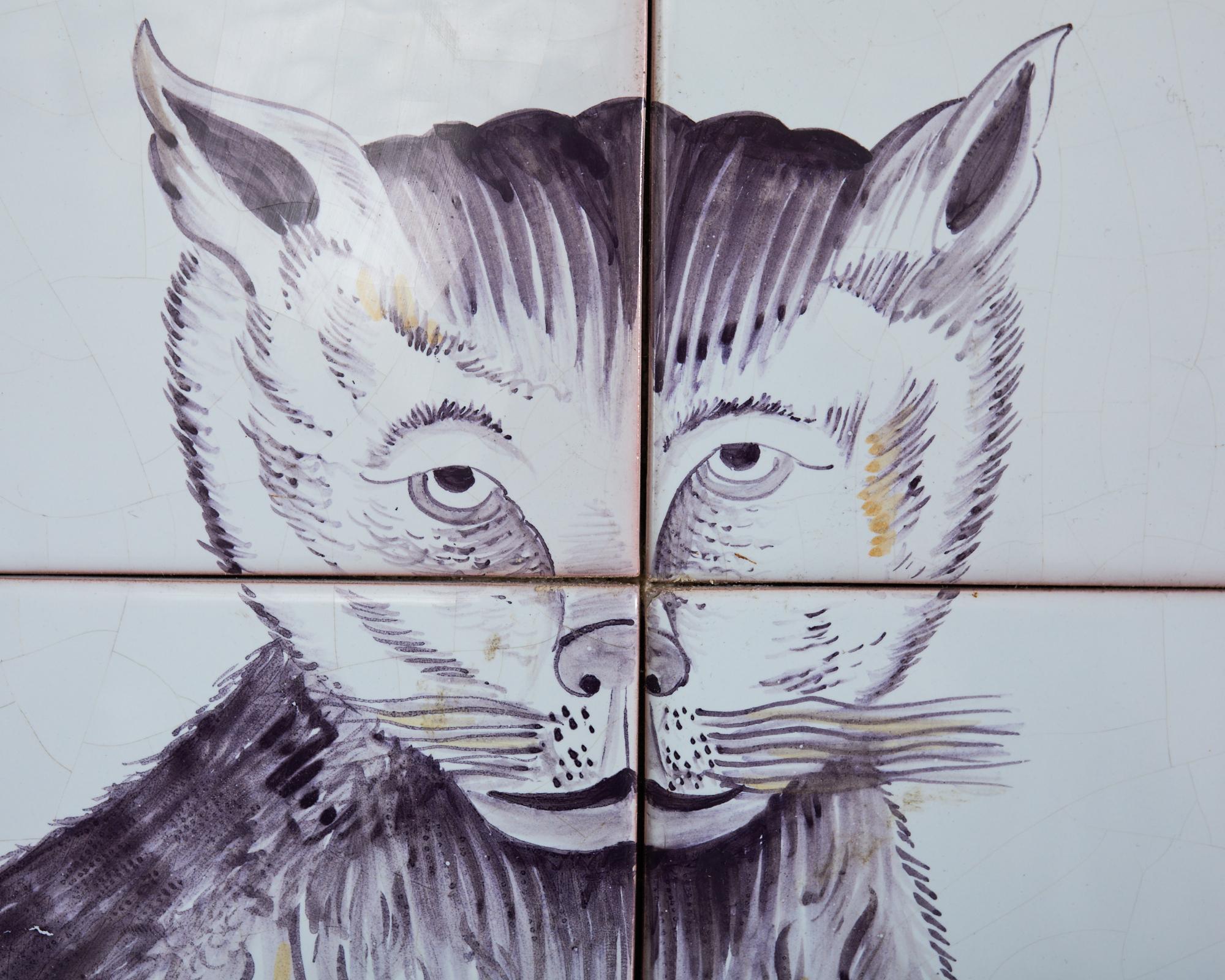 Pair of Dutch Delft Tile Panels of a Cat and Dog For Sale 1