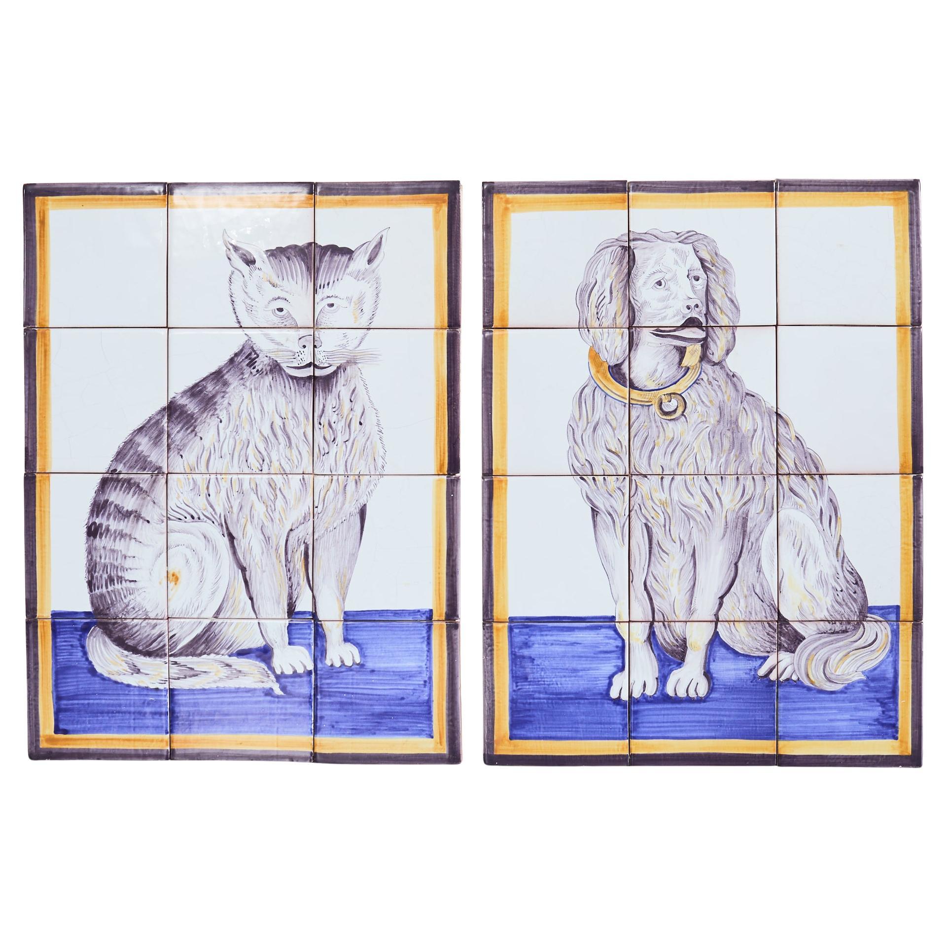 Pair of Dutch Delft Tile Panels of a Cat and Dog For Sale