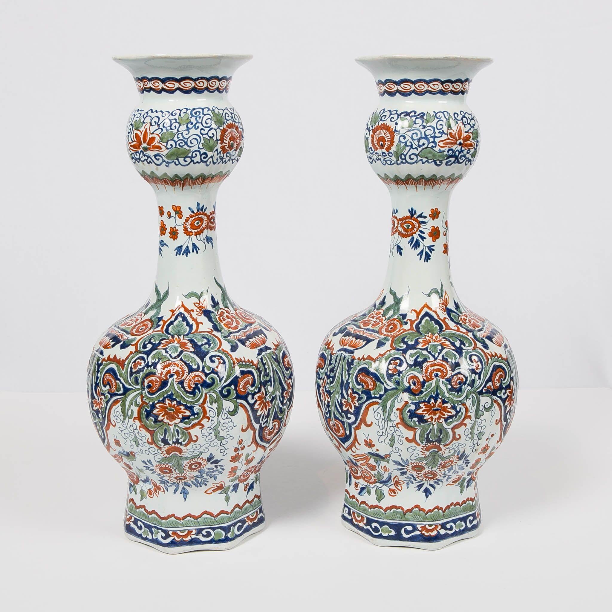 Rococo Pair of Dutch Delft Vases Painted in the Cashmere Palette Made circa 1870