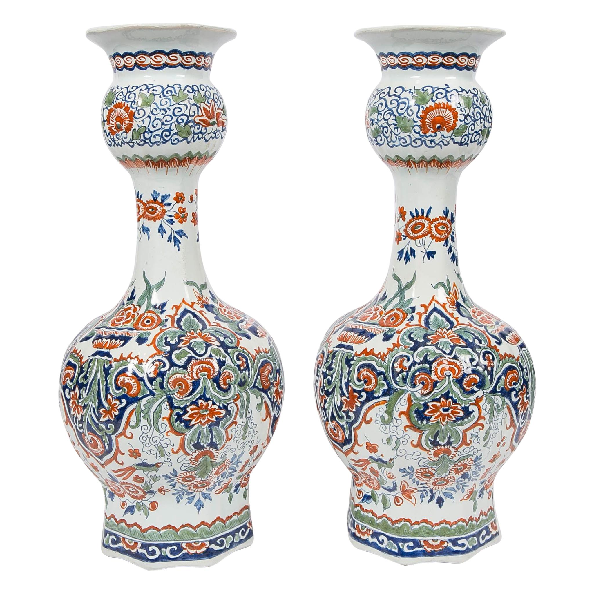 Pair of Dutch Delft Vases Painted in the Cashmere Palette Made circa 1870
