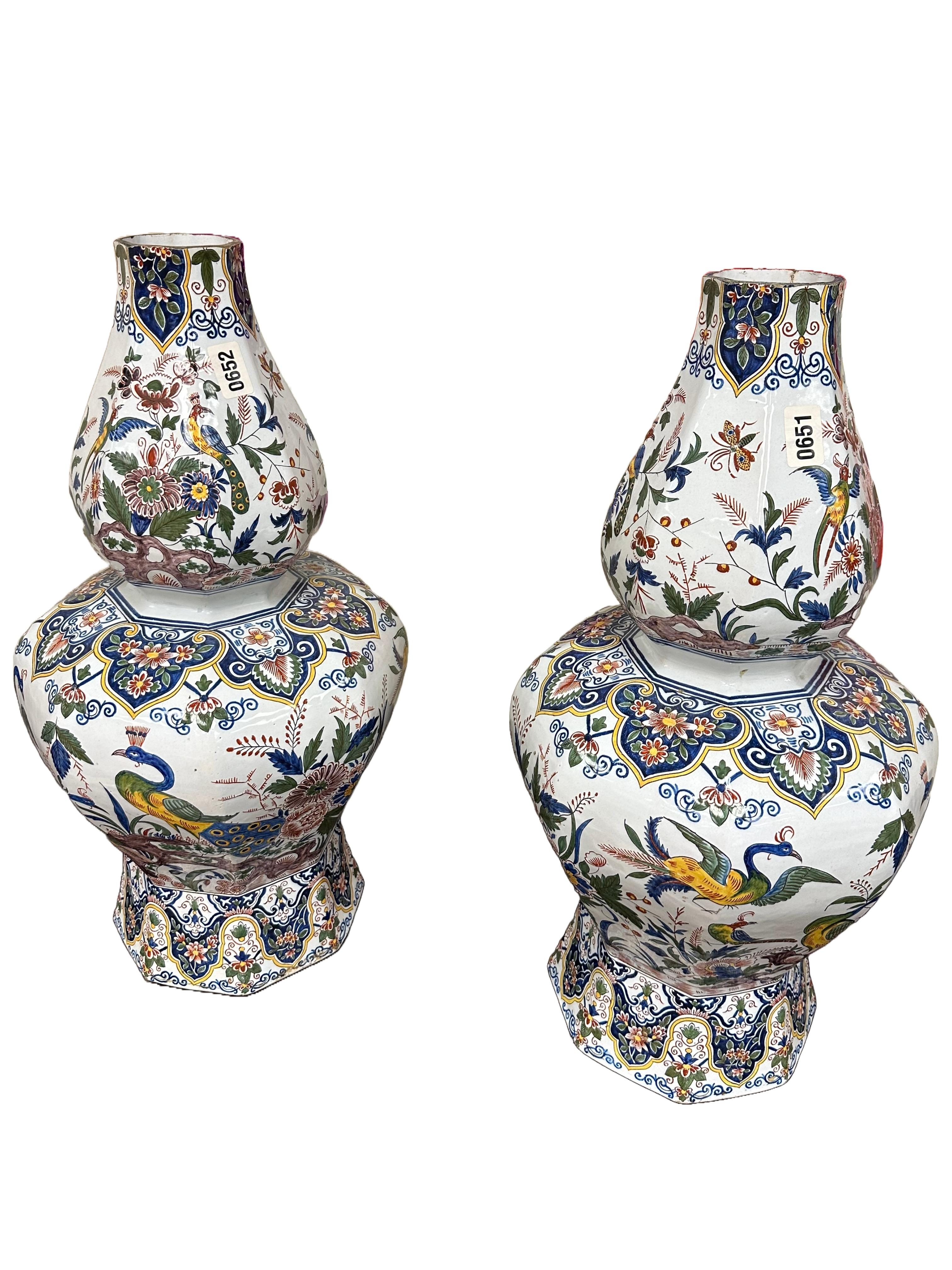 Polychromed Pair of Dutch Delftware Polychrome Glazed Porcelain Vases For Sale