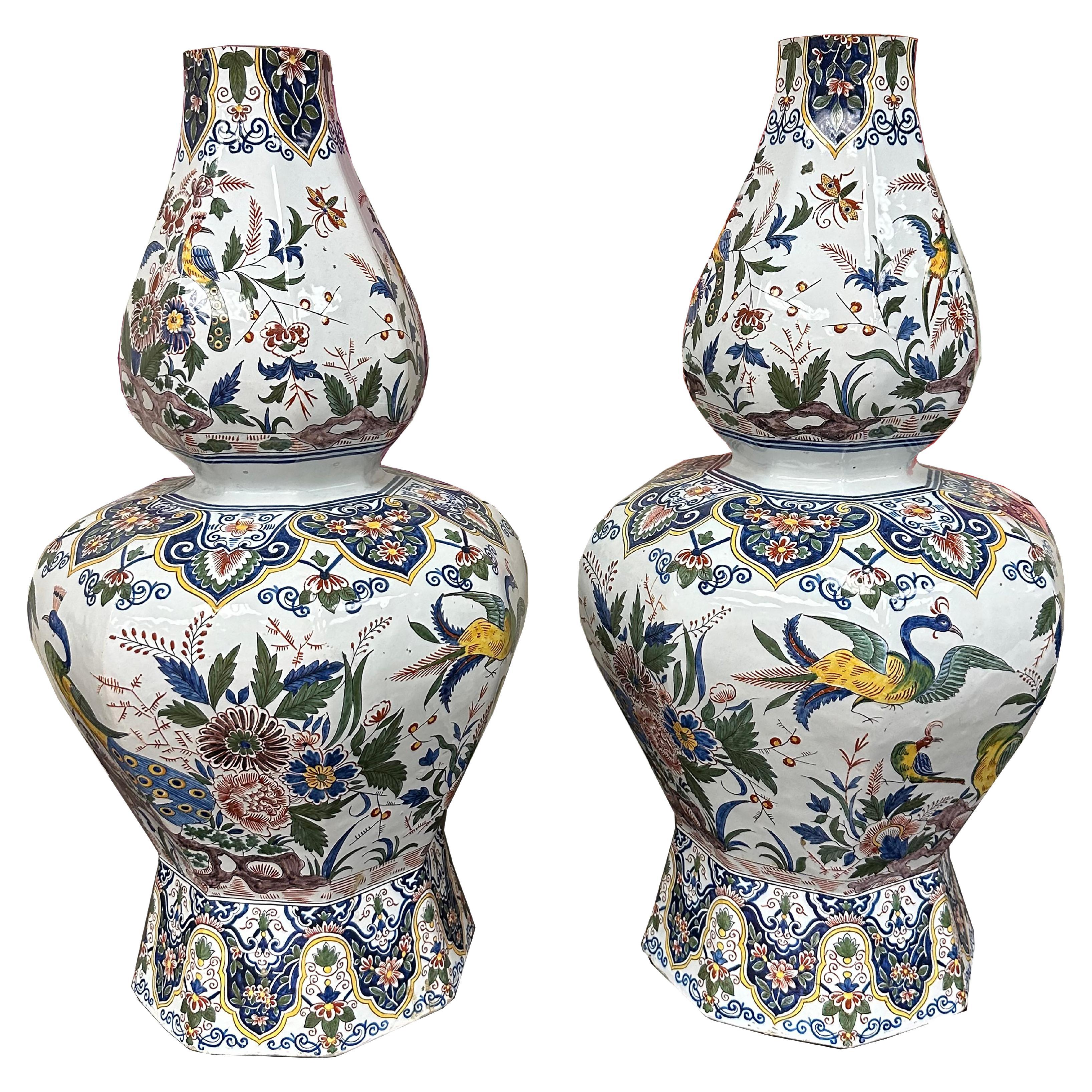 Pair of Dutch Delftware Polychrome Glazed Porcelain Vases For Sale