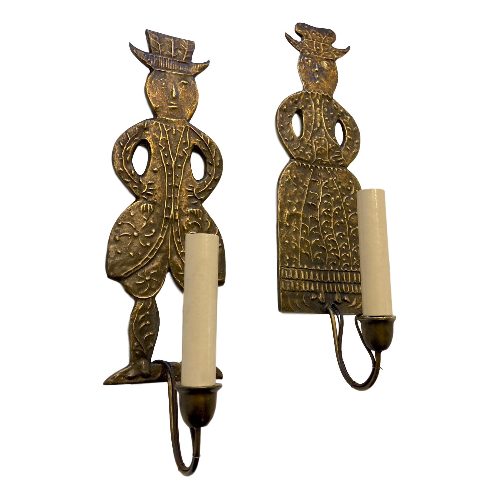 Early 20th Century Pair of Dutch Figurative Sconces