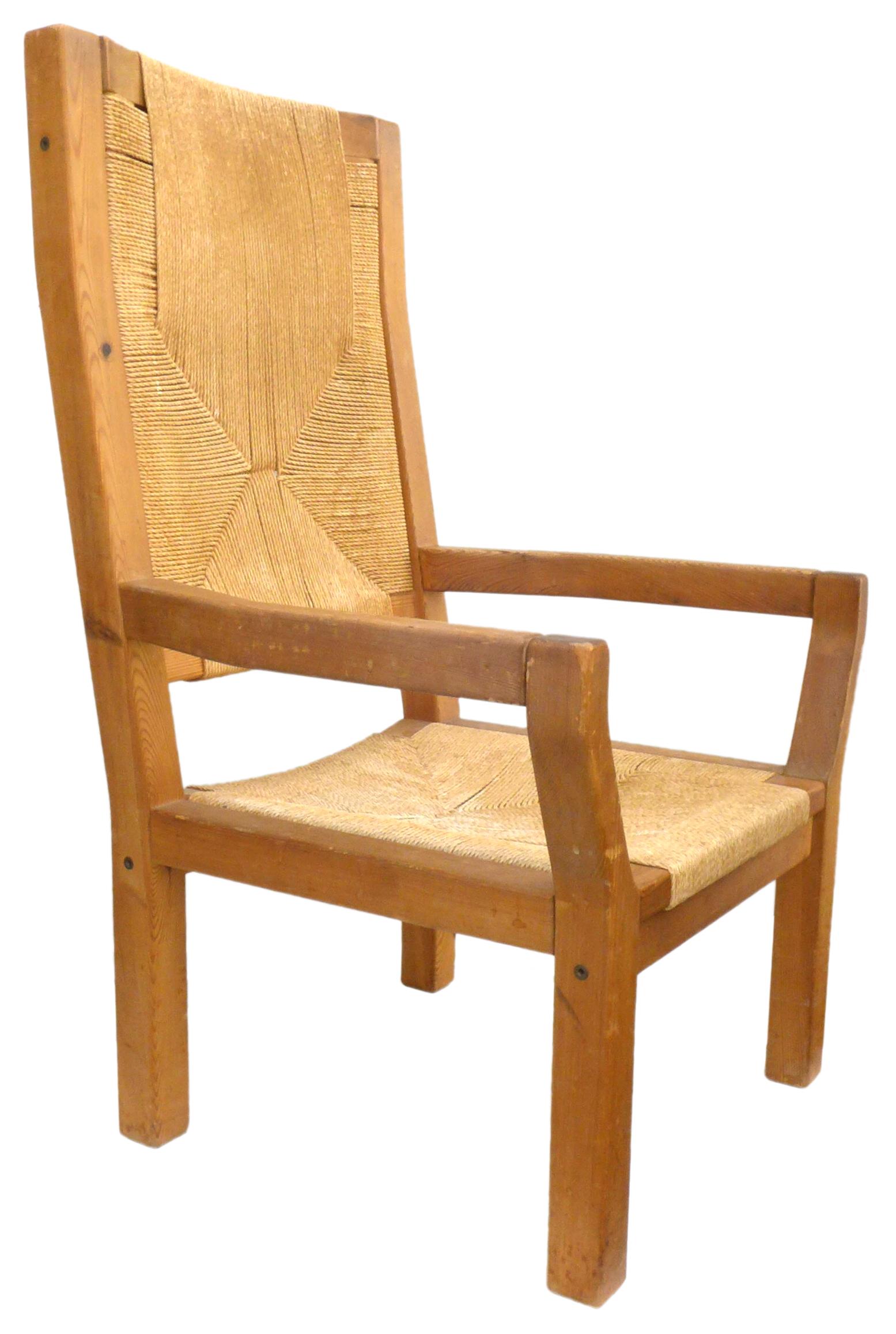 Pair of Dutch Hardwood & Woven Twine Highback Armchairs In Good Condition For Sale In Los Angeles, CA