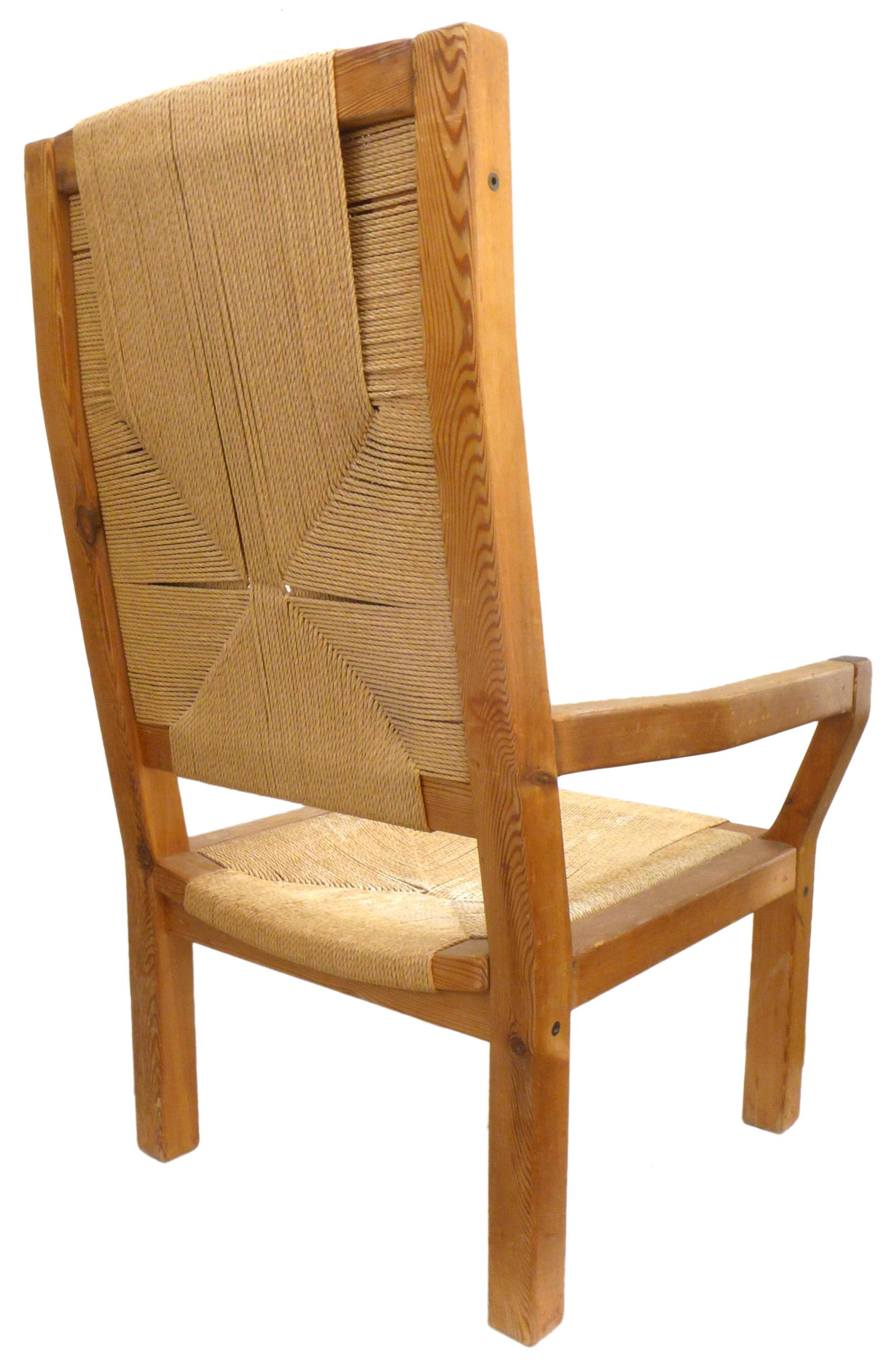 Pair of Dutch Hardwood & Woven Twine Highback Armchairs For Sale 1