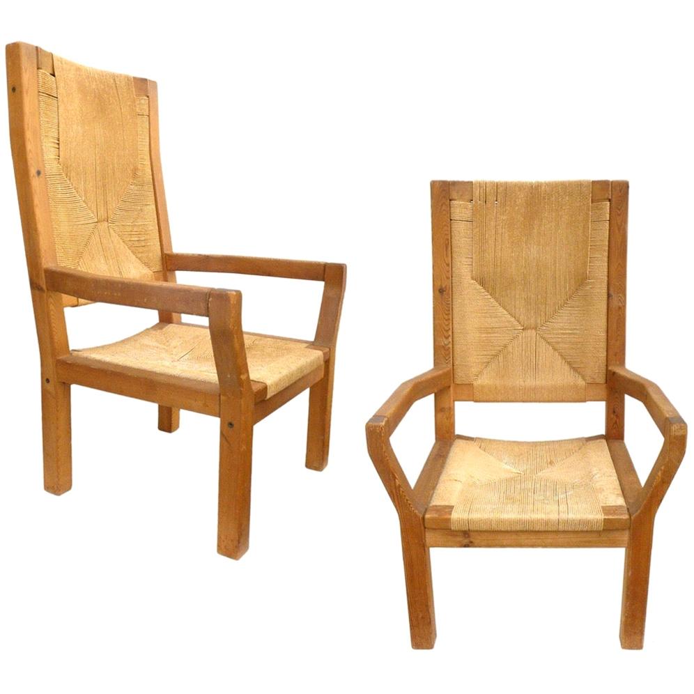 Pair of Dutch Hardwood & Woven Twine Highback Armchairs For Sale