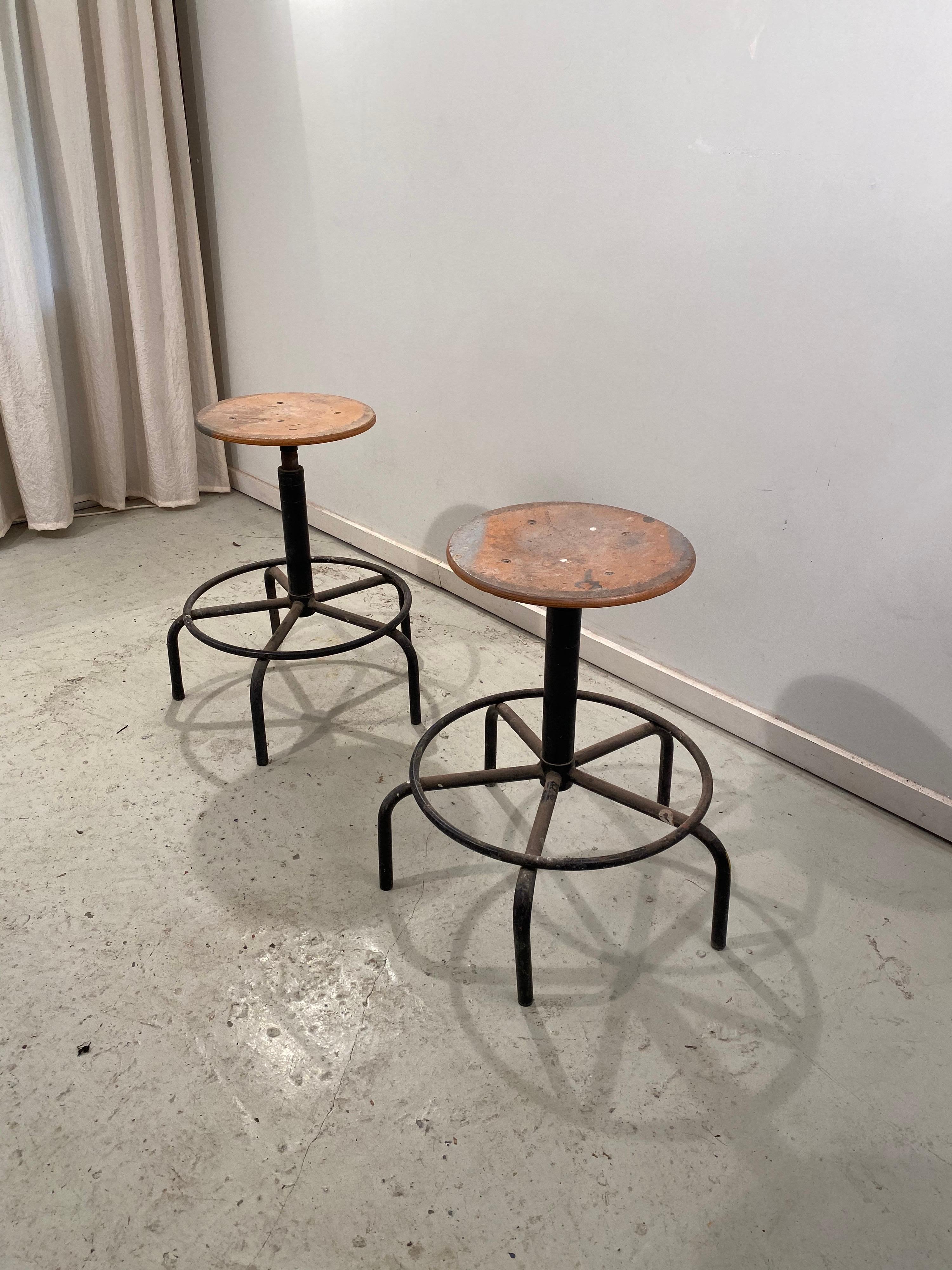 Lacquered Pair of Dutch Industrial Adjustable Workshop Factory Stools
