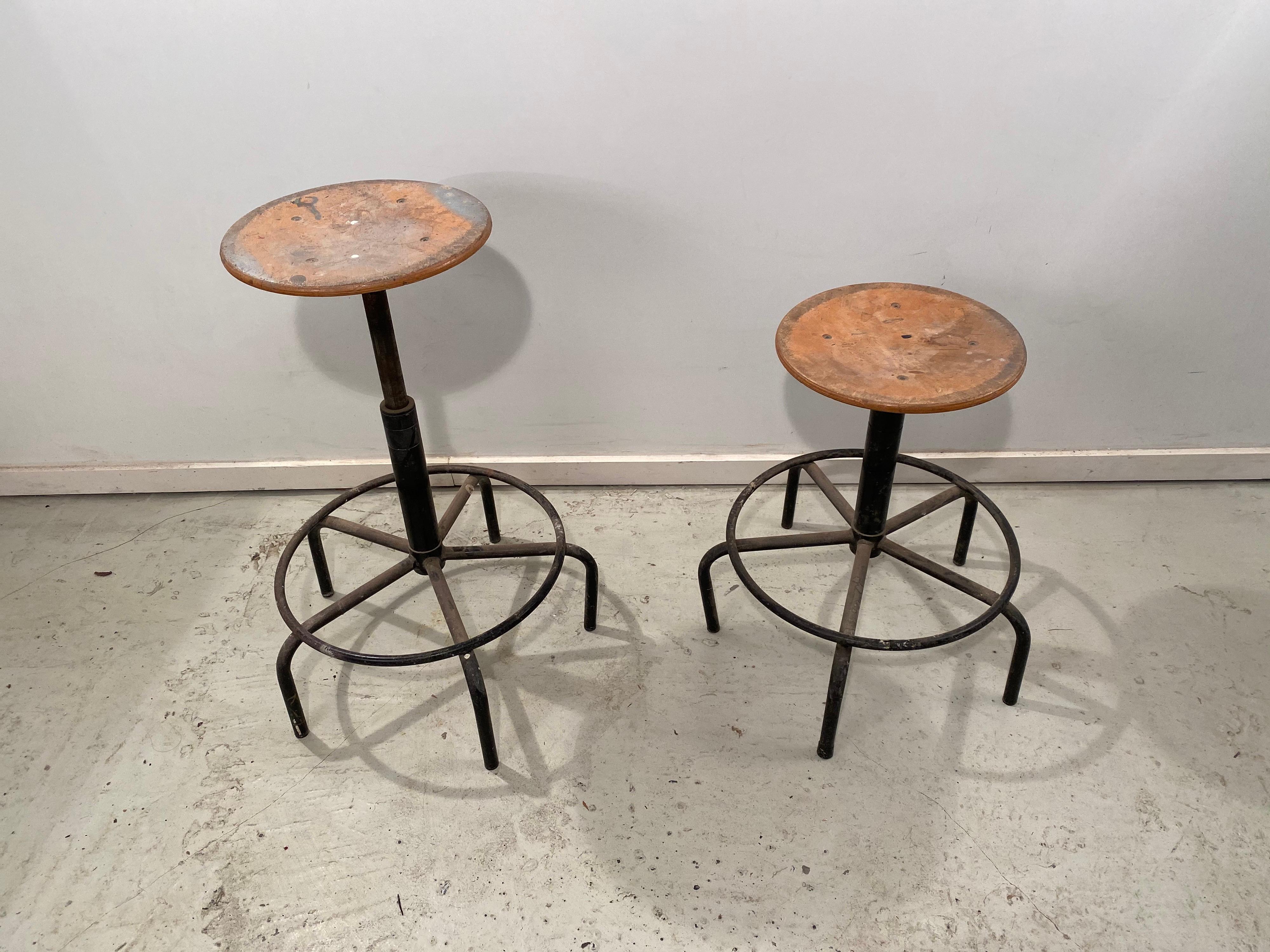 Pair of Dutch Industrial Adjustable Workshop Factory Stools In Good Condition In Amsterdam, NL