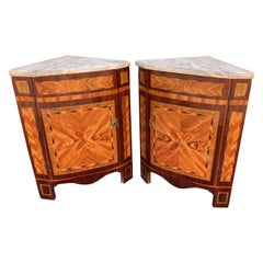 Pair of Dutch Marquetry inlaid standing corner cabinets with marble tops