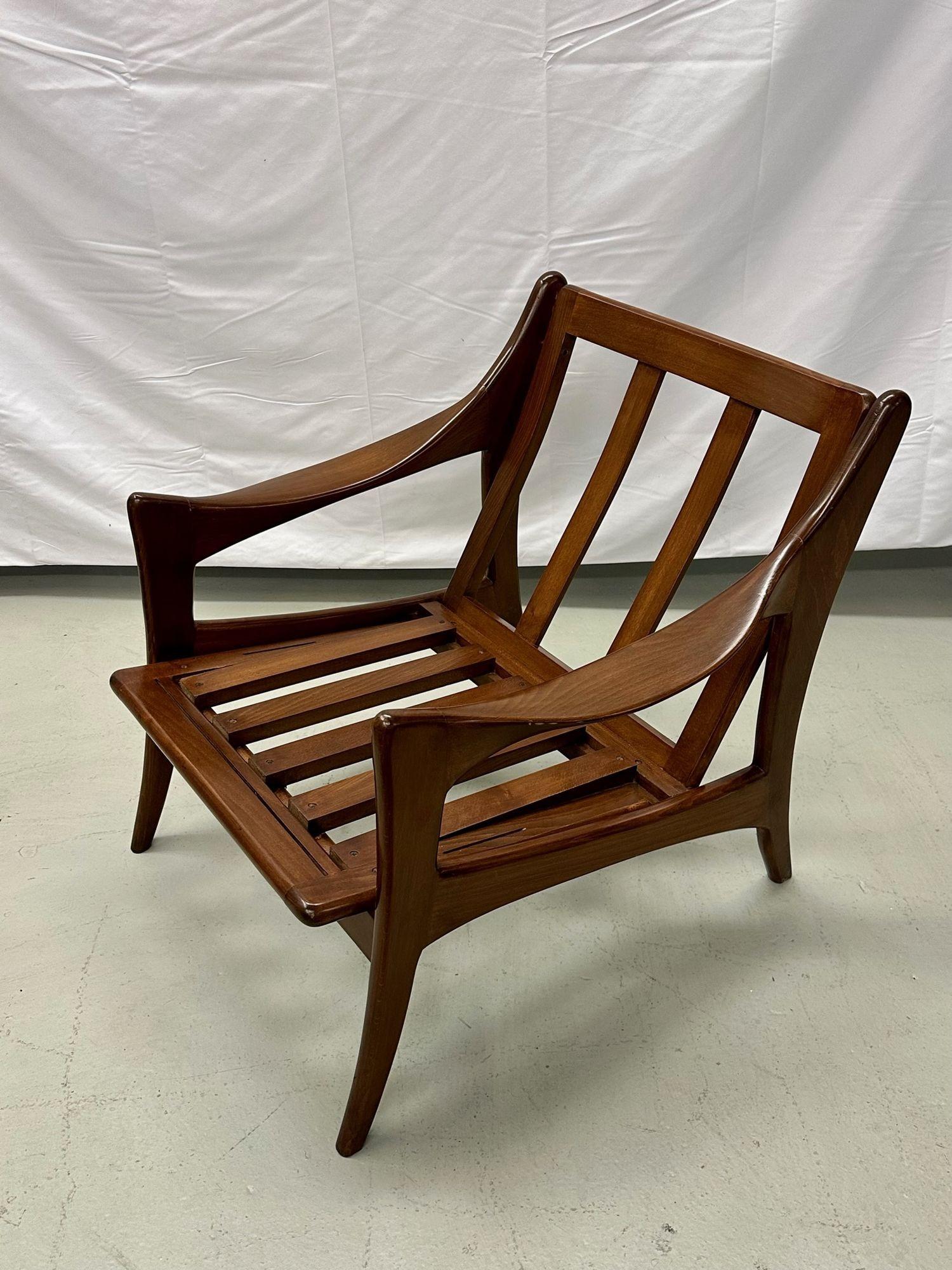 Pair of Dutch Mid-Century Modern Style Arm / Lounge Chairs, Teak, Brass In Good Condition For Sale In Stamford, CT