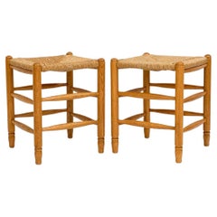Pair of Dutch Mid century Oak and rush stools