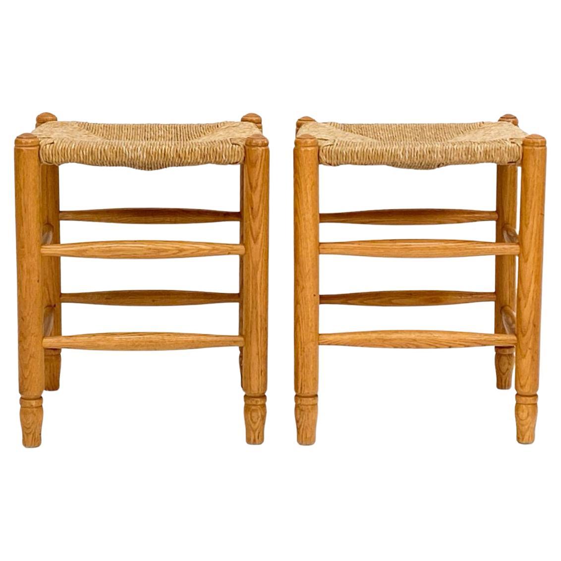 Pair of Dutch Mid century Oak and rush stools In Good Condition In BROOKLYN, NY