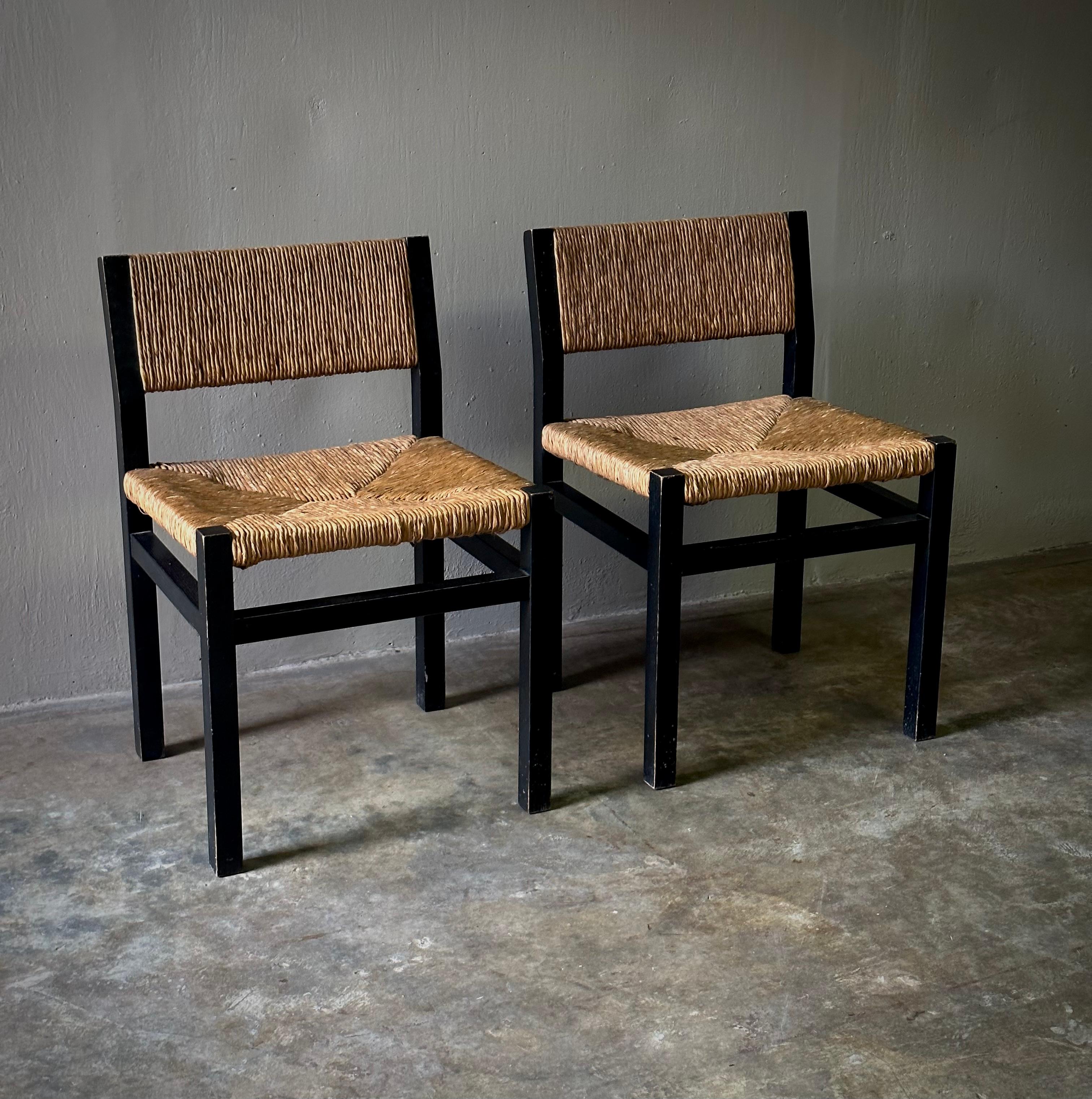 Rush Pair of Dutch Mid-Century Wenge Dining Chairs For Sale