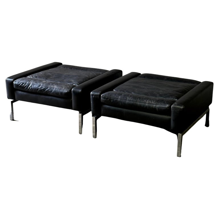 Pair of Dutch Midcentury Leather and Chrome Ottomans For Sale at 1stDibs