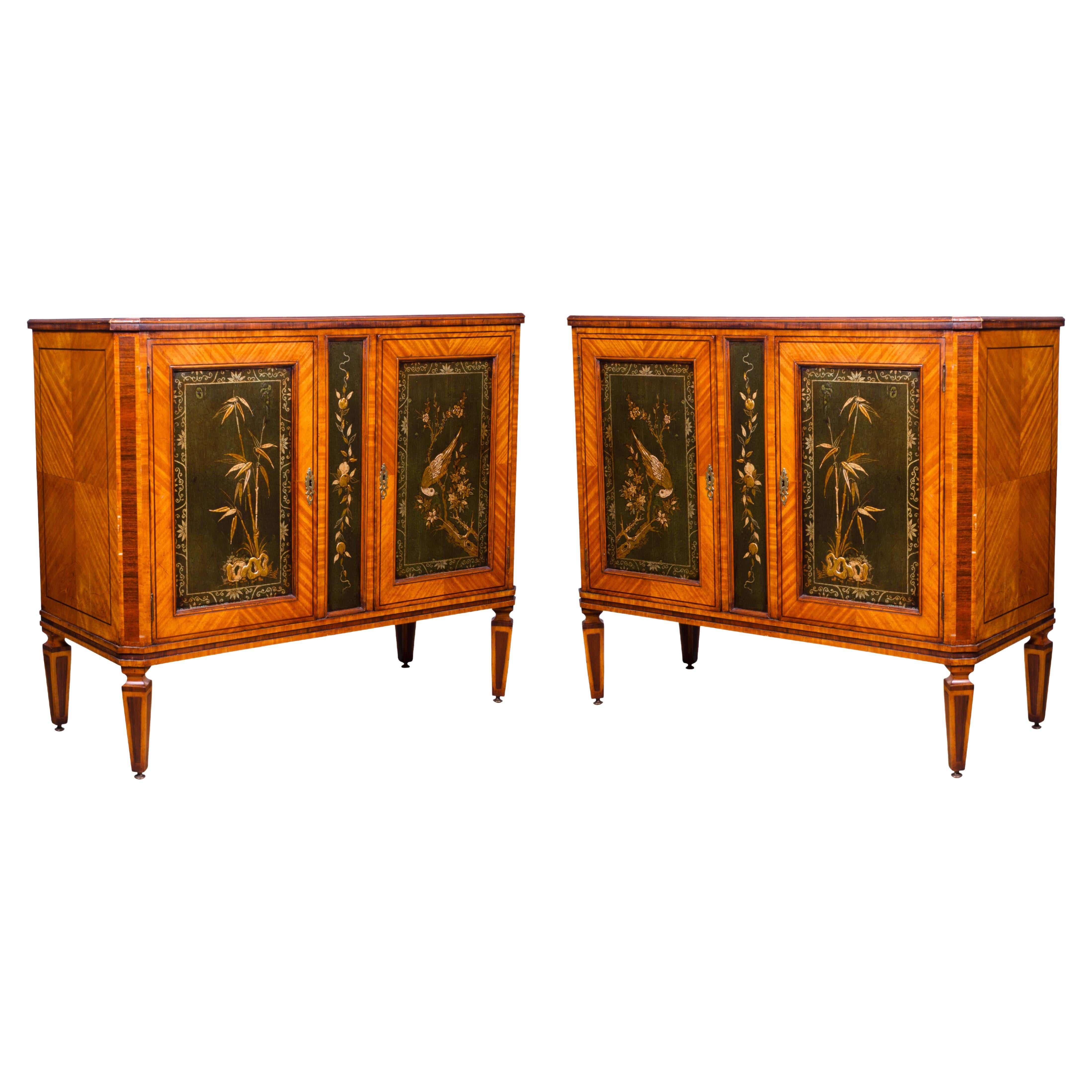 Pair of Dutch Neoclassic Satinwood and Japanned Cabinets For Sale