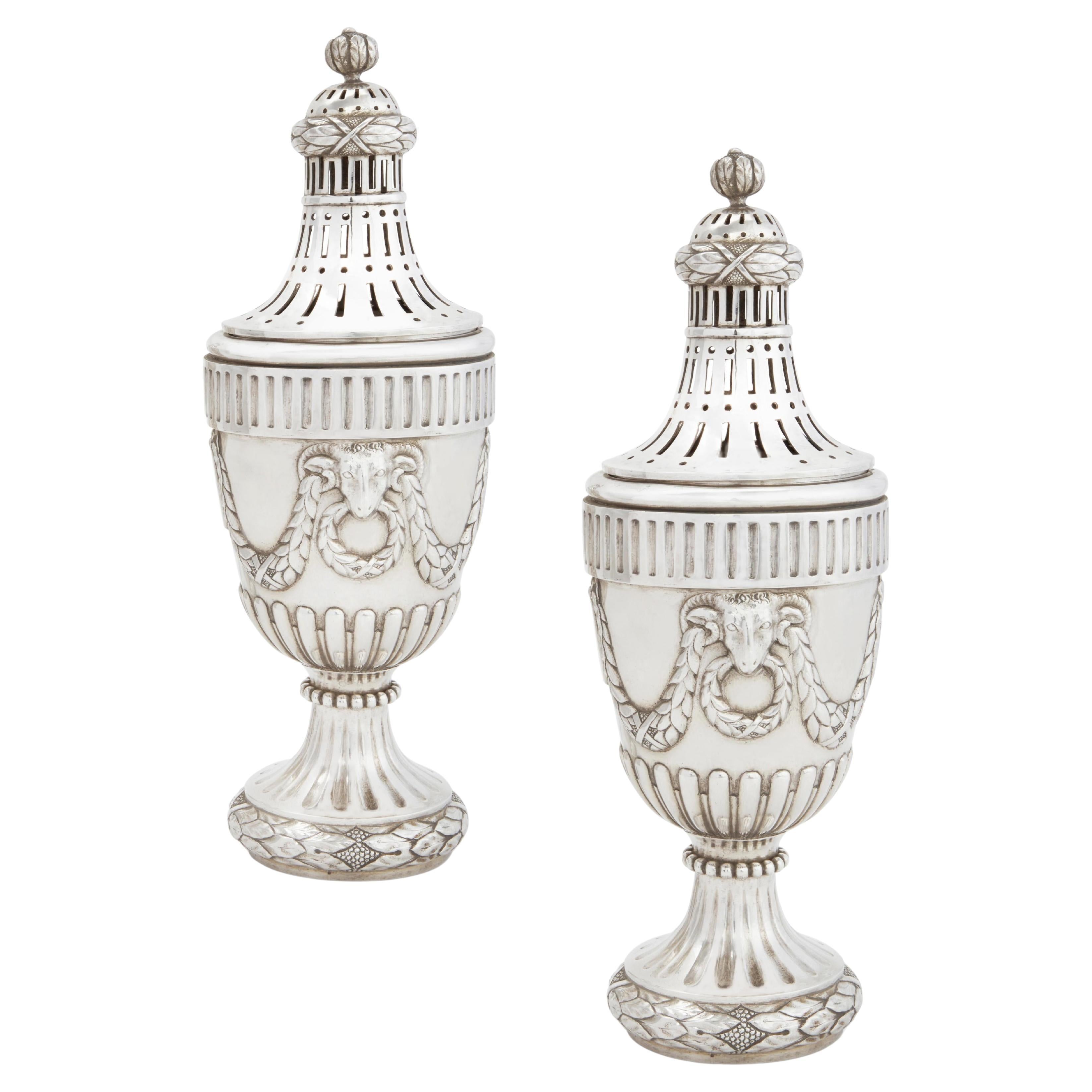 Pair of Dutch Neoclassical Silver Potpourri Urns For Sale