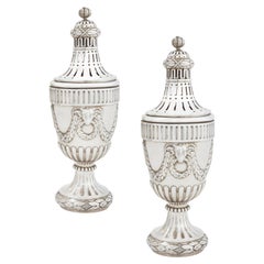 Antique Pair of Dutch Neoclassical Silver Potpourri Urns