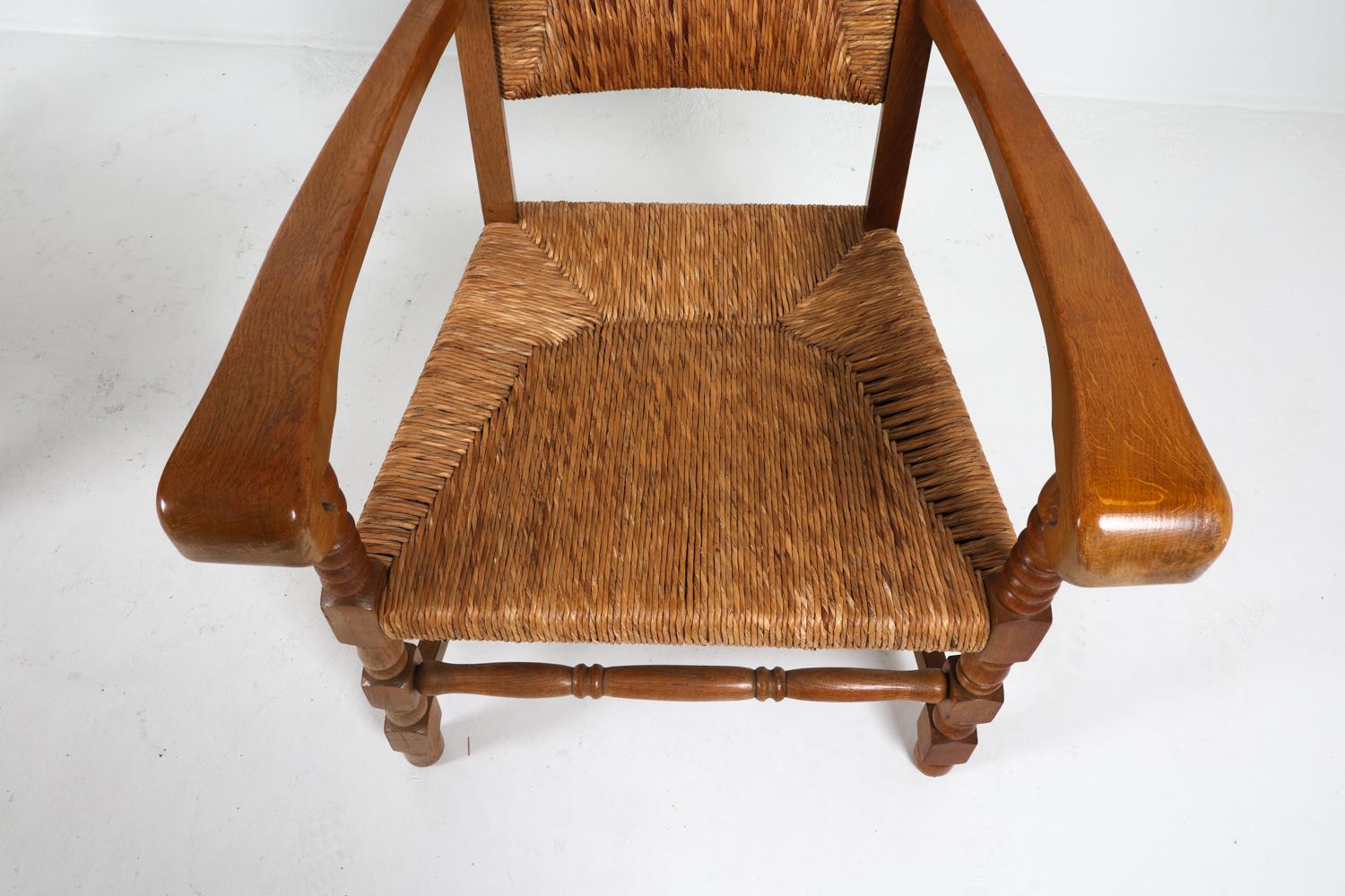 Coppia di poltrone da pranzo olandesi in Oak e giunco, circa anni '50 in vendita 1