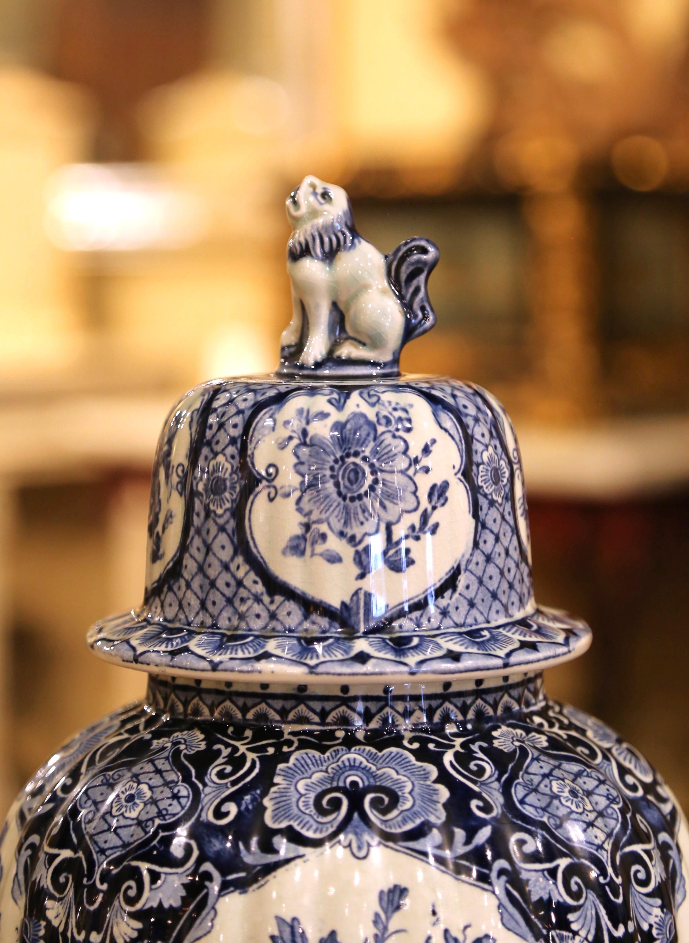Hand-Crafted Pair of Dutch Painted Blue and White Faience Delft Ginger Jars Vases, Circa 1920