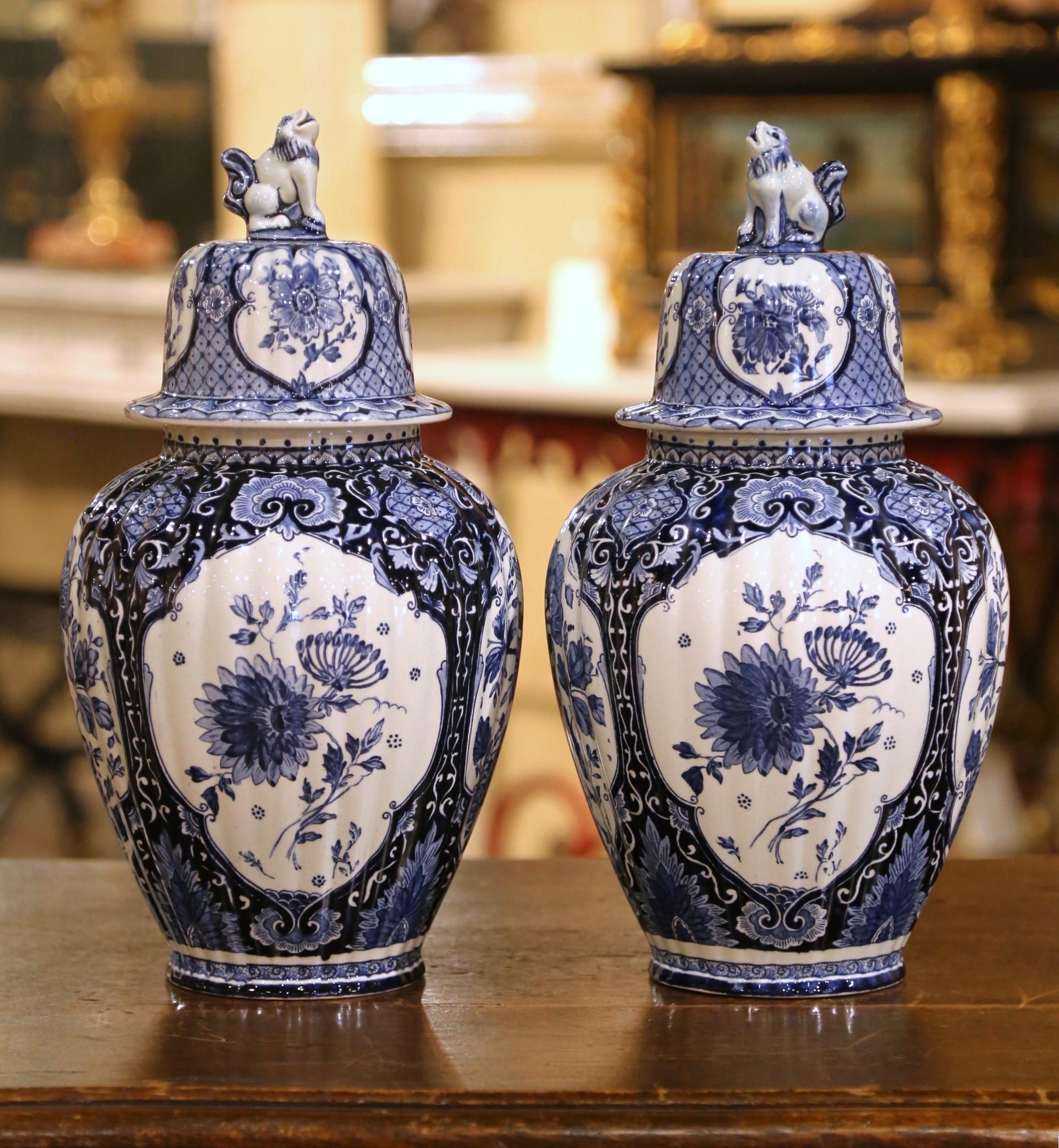20th Century Pair of Dutch Painted Blue and White Faience Delft Ginger Jars Vases, Circa 1920