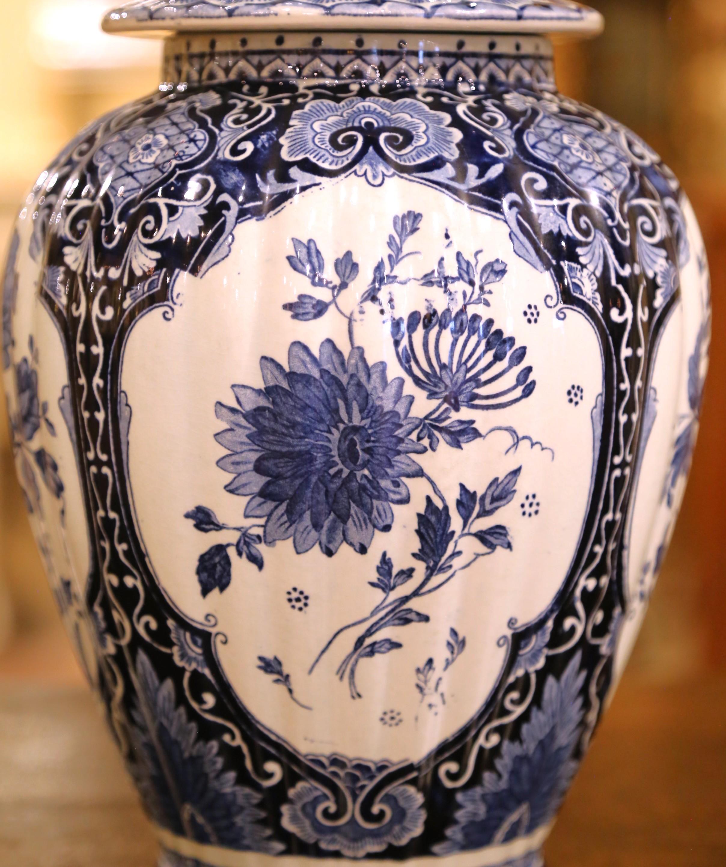Ceramic Pair of Dutch Painted Blue and White Faience Delft Ginger Jars Vases, Circa 1920