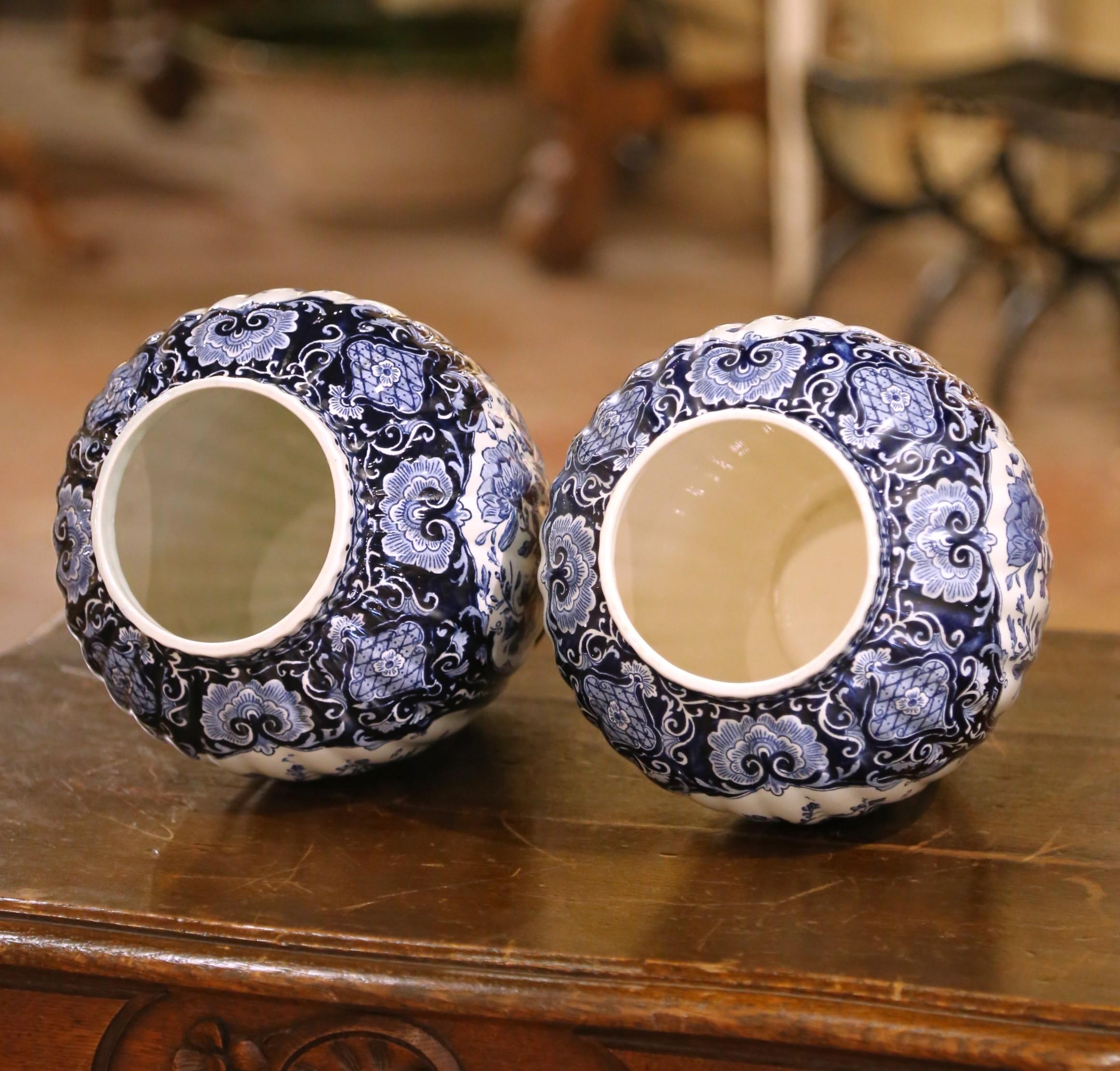 Pair of Dutch Painted Blue and White Faience Delft Ginger Jars Vases, Circa 1920 2