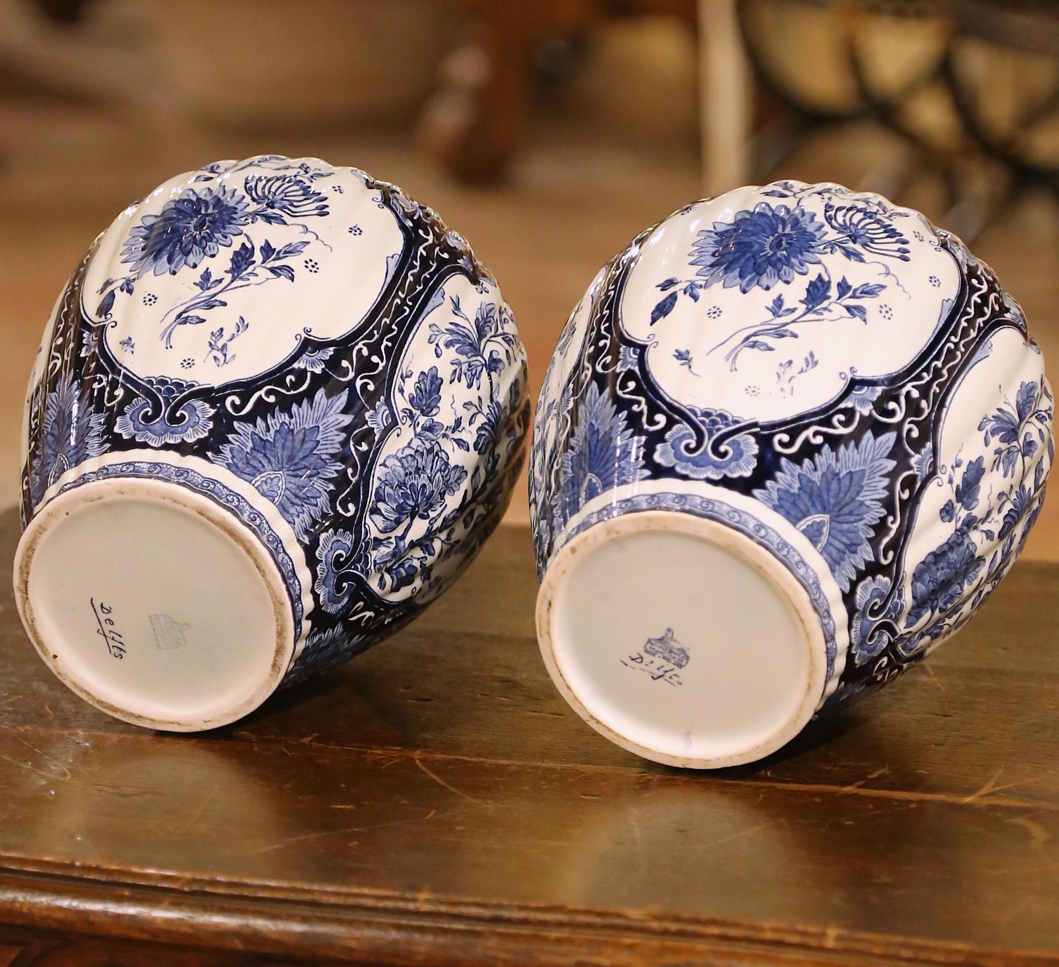Pair of Dutch Painted Blue and White Faience Delft Ginger Jars Vases, Circa 1920 3