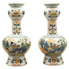 Antique Pair Of Dutch Polychrome Delft Garlic Neck Vases