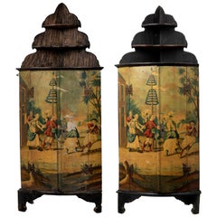 Pair of Dutch Polychrome Painted Corner Cupboards, 19th Century