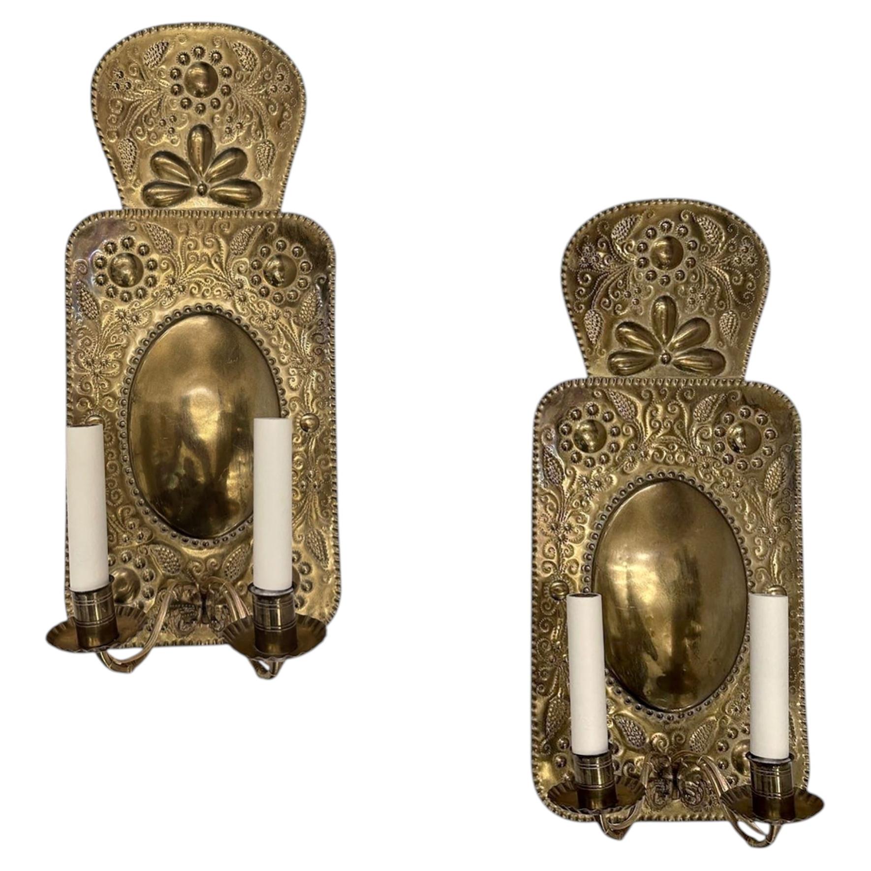 Pair of Dutch Repousse Sconces For Sale