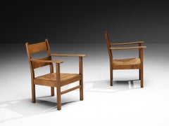 Pair of Dutch Rustic Armchairs in Solid Oak and Straw