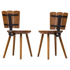 Pair of Dutch Rustic Dining Chairs in Stained Wood and Cast Iron
