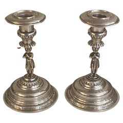 Antique Pair of Dutch Silver Figural Candlesticks, 19th Century
