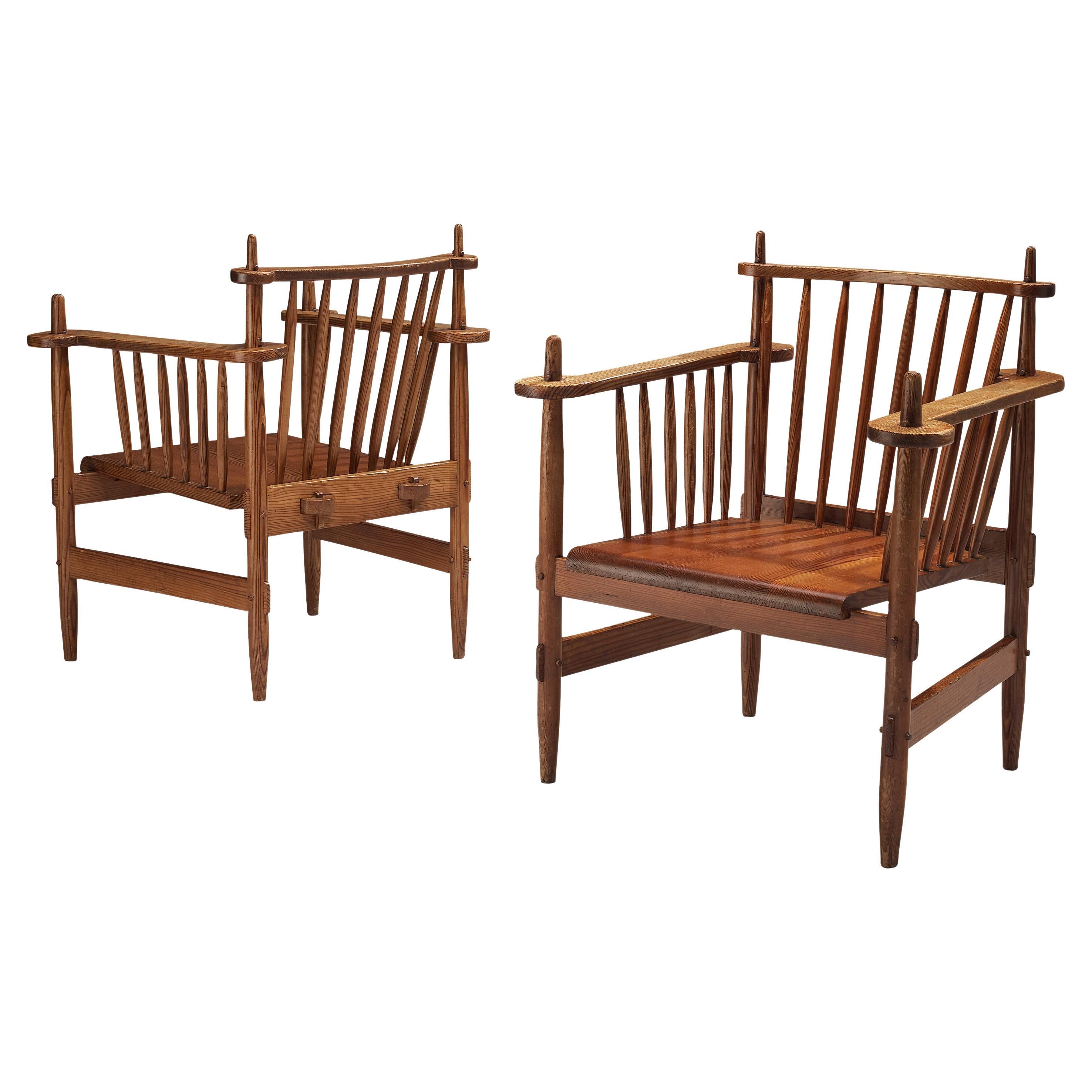 Dutch Pair of Rustic Armchairs in Solid Pine