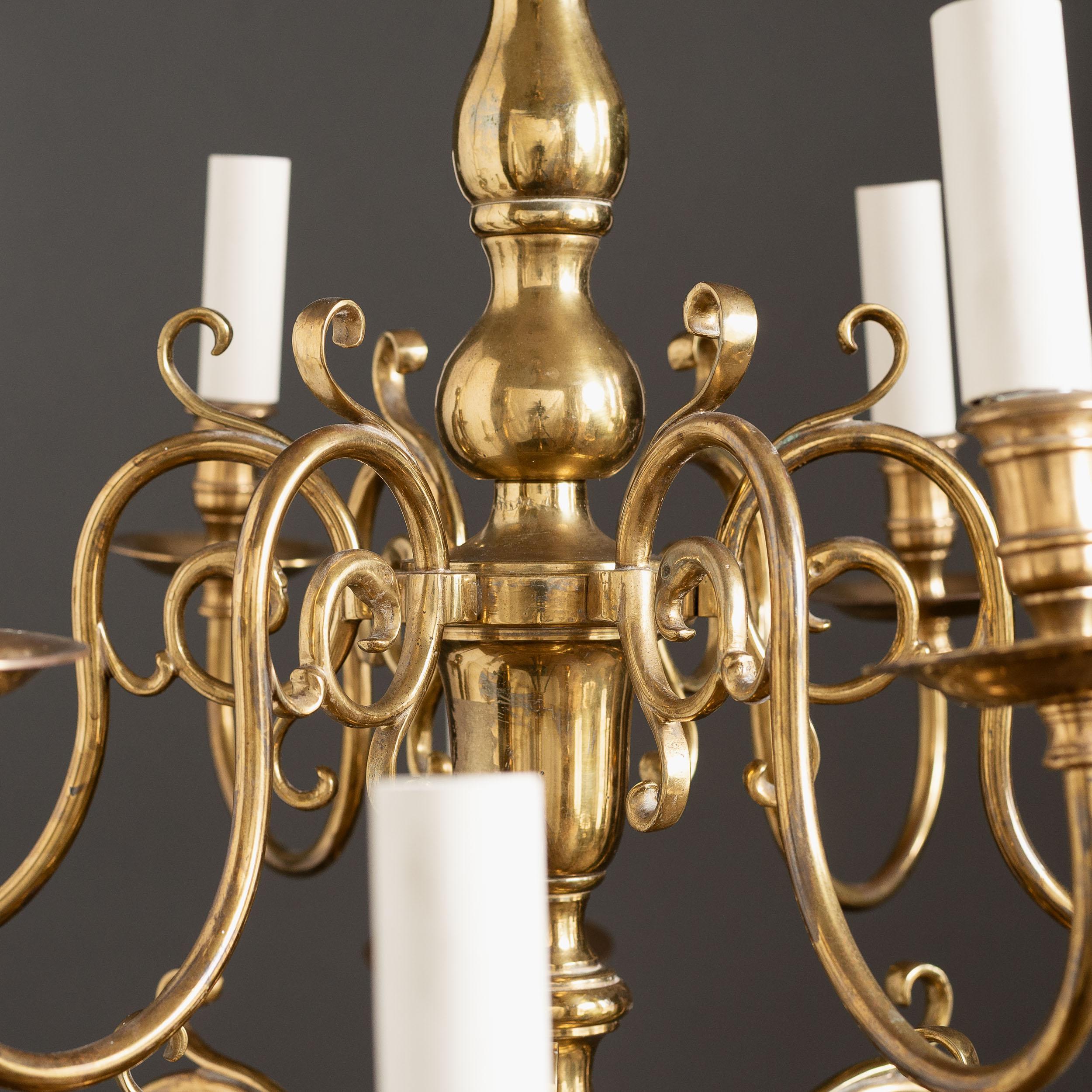 20th Century Pair of Dutch Style Brass Chandeliers For Sale
